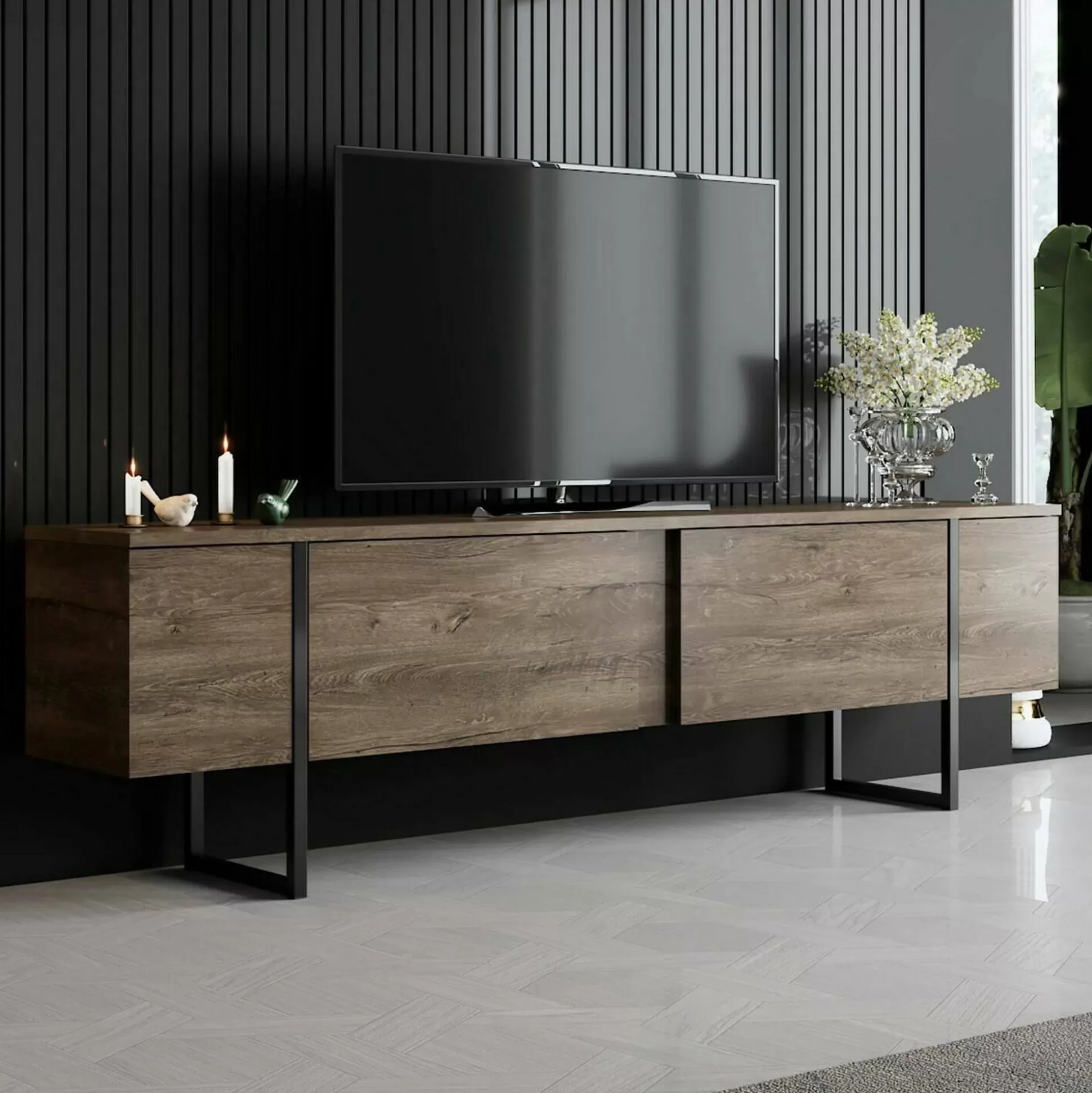 Dmora Mobili Porta Tv<Mobile porta TV Abishia, 180x30h50 cm, Noce e Nero