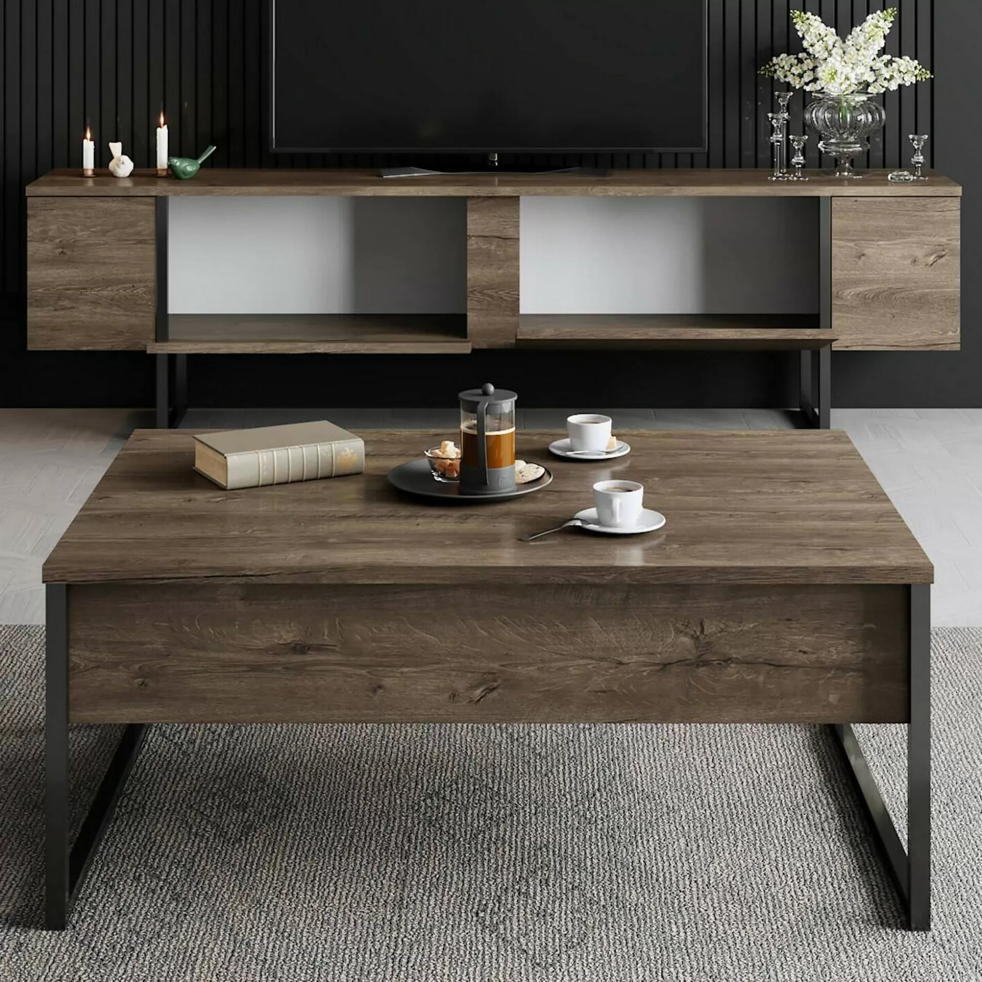 Dmora Mobili Porta Tv<Mobile porta TV Abishia, 180x30h50 cm, Noce e Nero