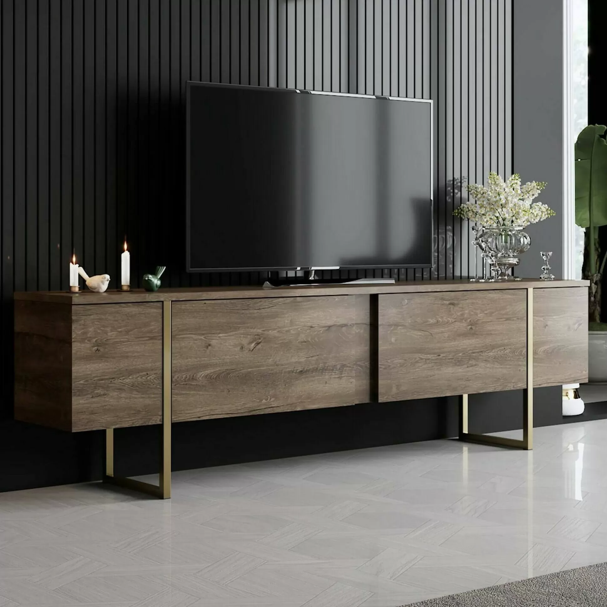 Dmora Mobili Porta Tv<Mobile porta TV Abishia, 180x30h50 cm, Noce e Oro
