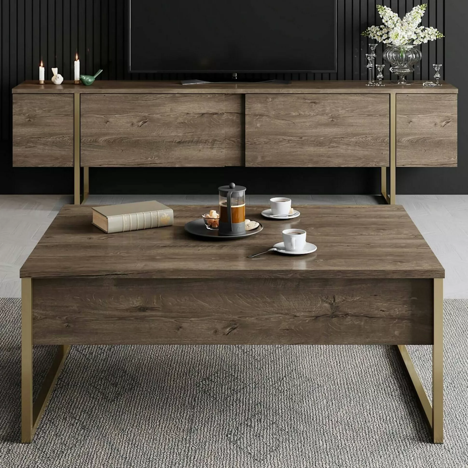 Dmora Mobili Porta Tv<Mobile porta TV Abishia, 180x30h50 cm, Noce e Oro