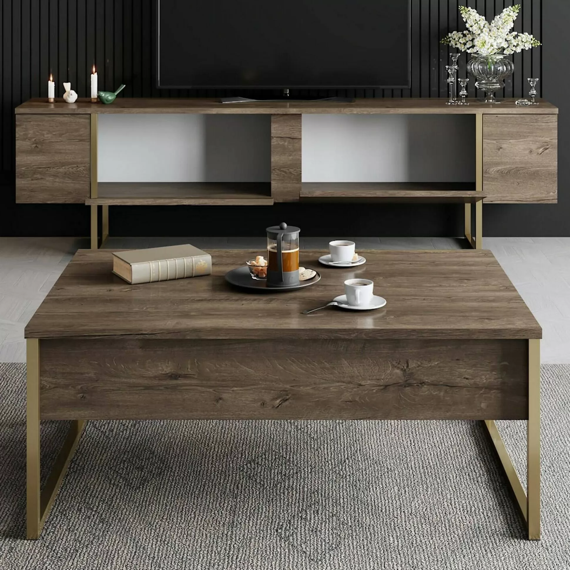 Dmora Mobili Porta Tv<Mobile porta TV Abishia, 180x30h50 cm, Noce e Oro