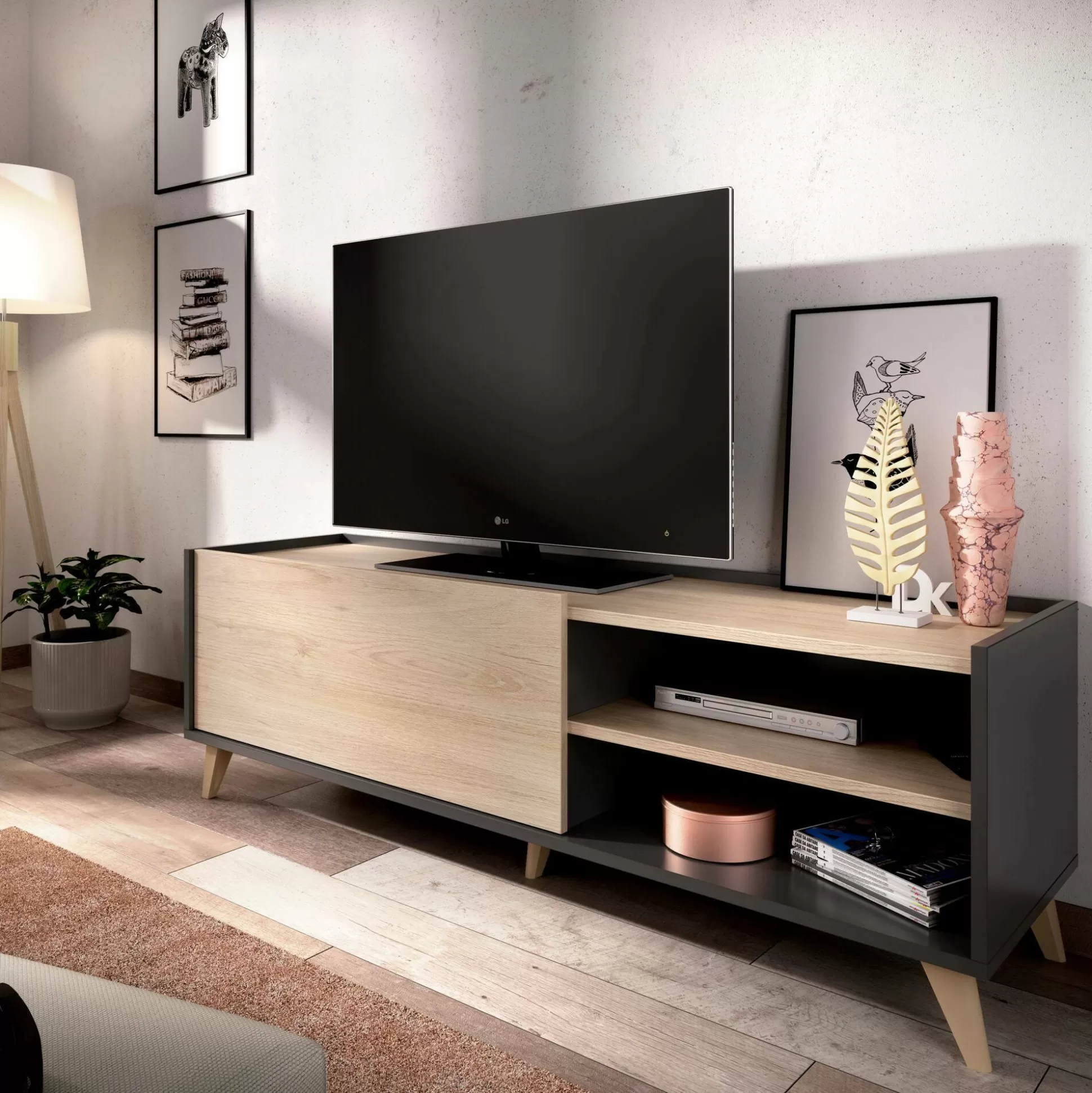 Dmora Mobili Porta Tv<Mobile porta TV Allesia, 155x43h47 cm, Rovere e Antracite