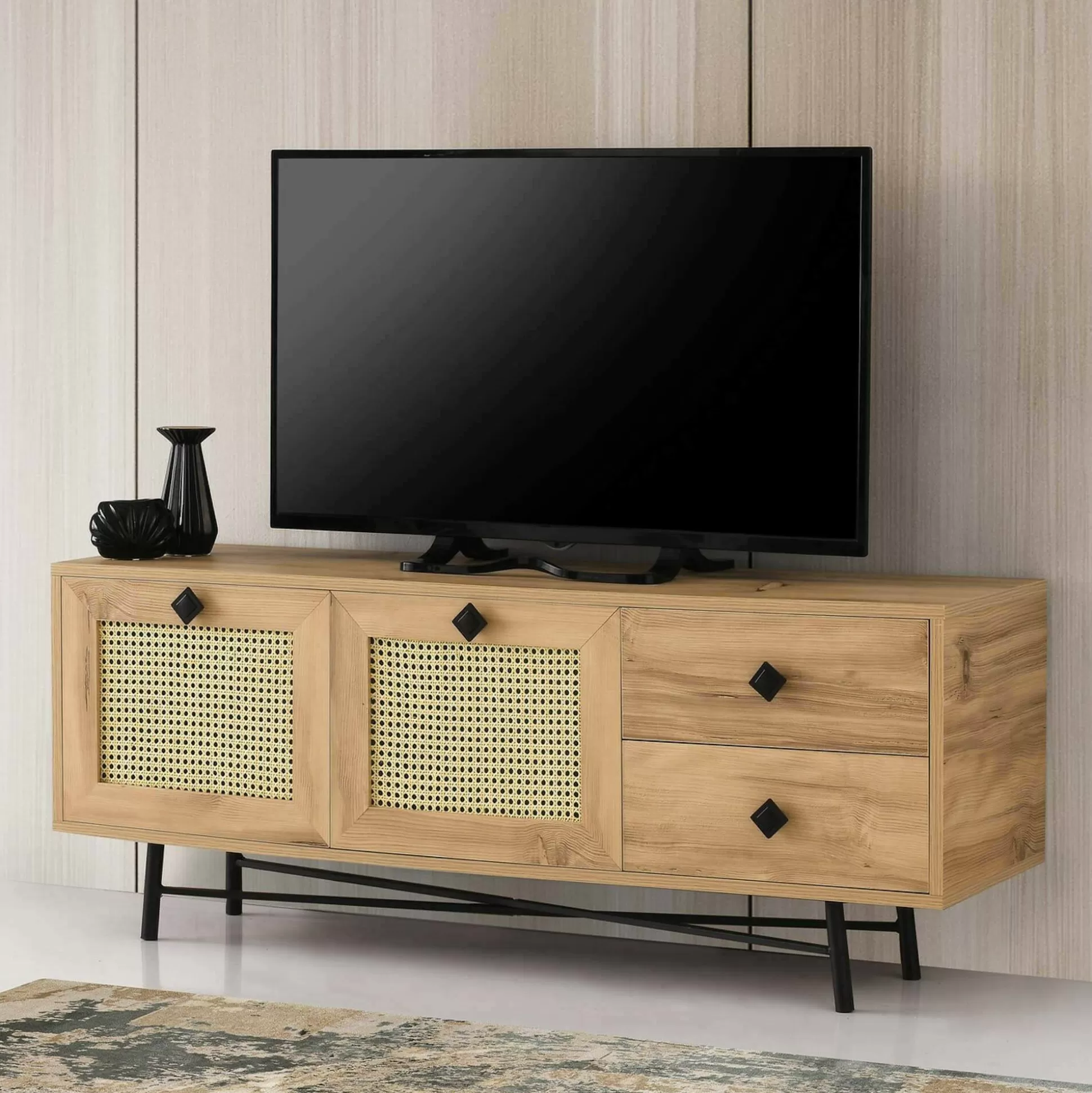 Dmora Mobili Porta Tv<Mobile porta TV Apollinare, Quercia e Nero, 140x40h60 cm