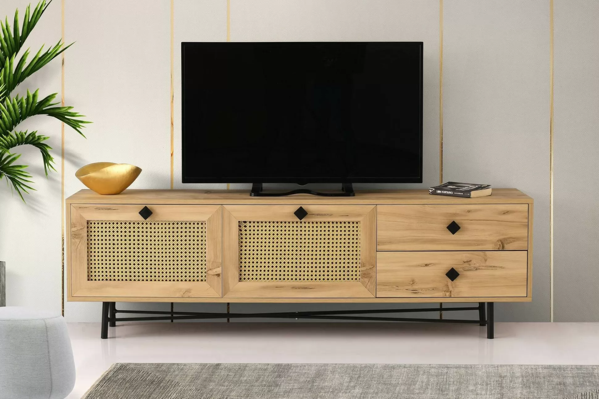 Dmora Mobili Porta Tv<Mobile porta TV Apollinare, Quercia e Nero, 180x40h60 cm