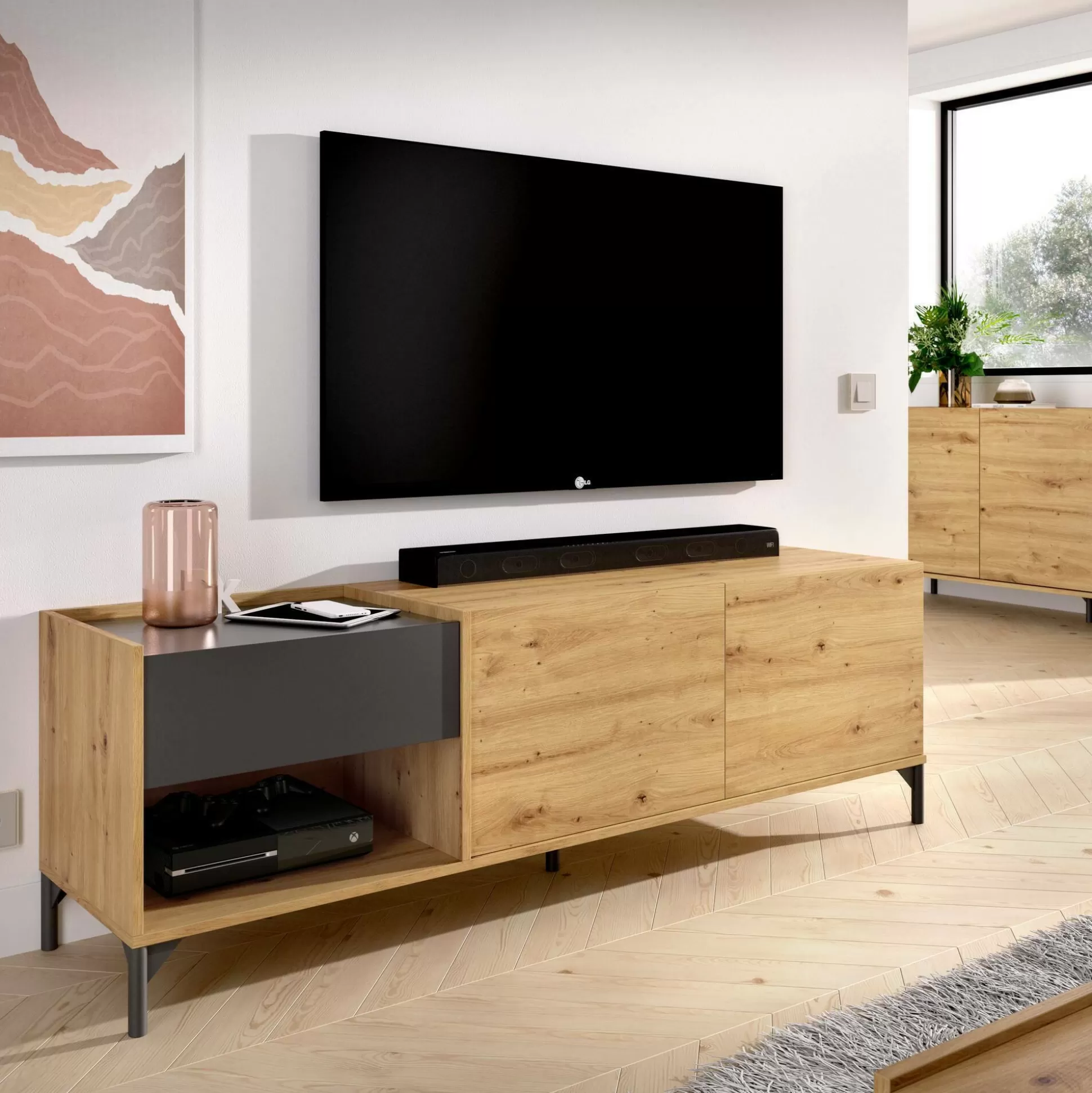 Dmora Mobili Porta Tv<Mobile porta TV Aras, 164x39h49 cm, Rovere Nodi e Antracite