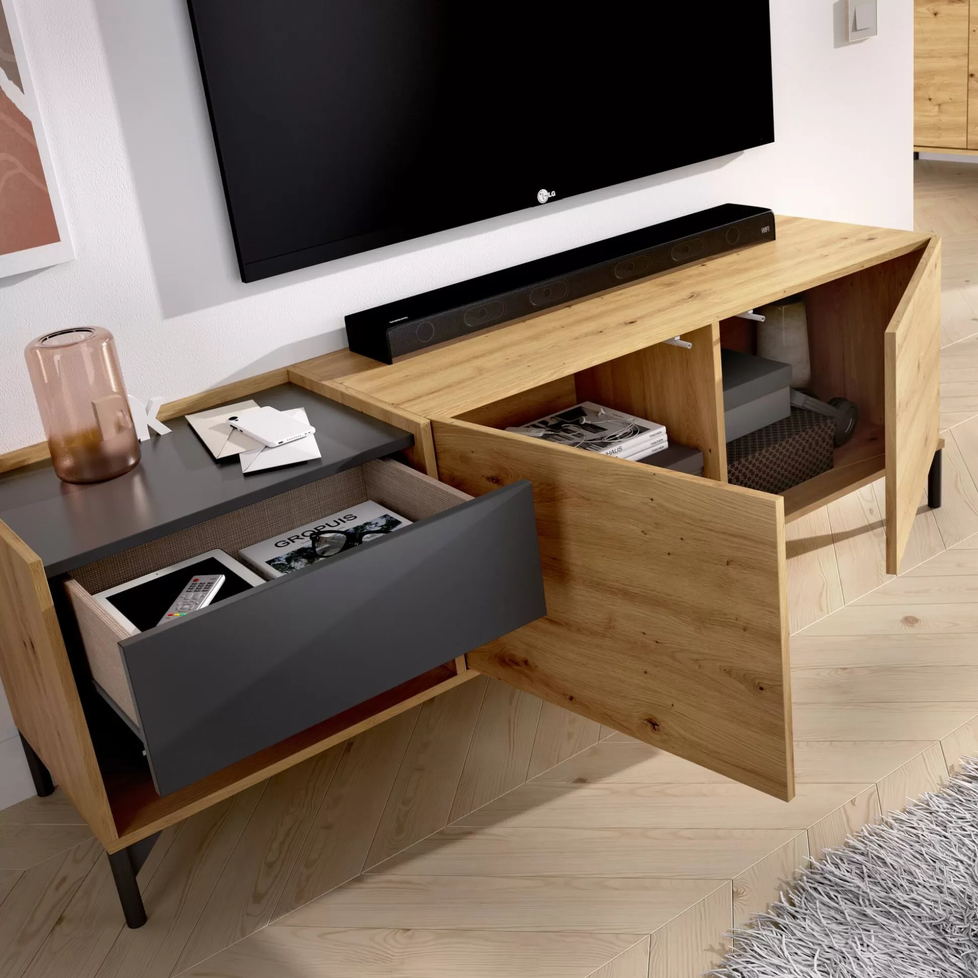 Dmora Mobili Porta Tv<Mobile porta TV Aras, 164x39h49 cm, Rovere Nodi e Antracite