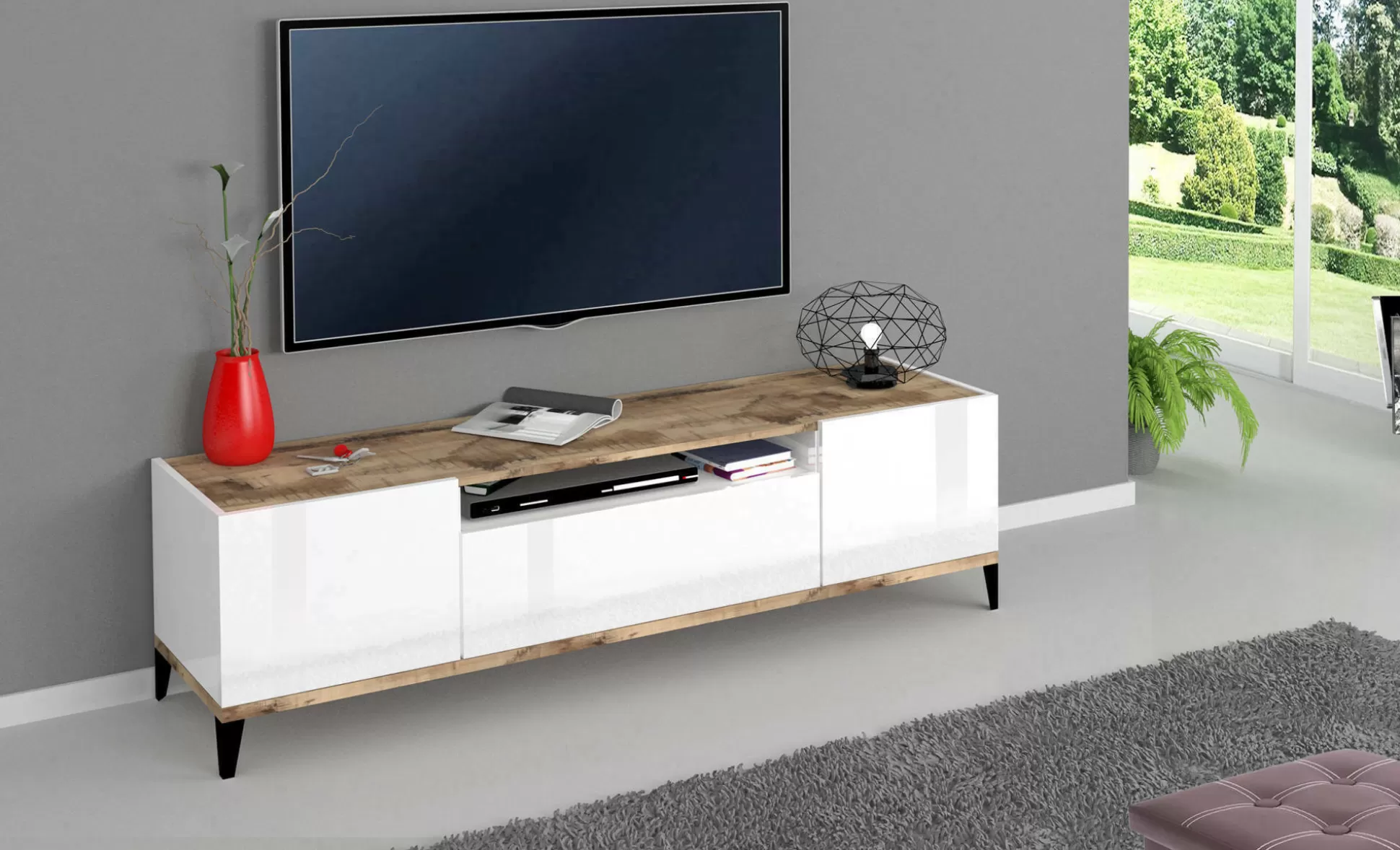 Dmora Mobili Porta Tv<Mobile porta TV Argentoro, cm 160x40h47, Bianco lucido e Acero