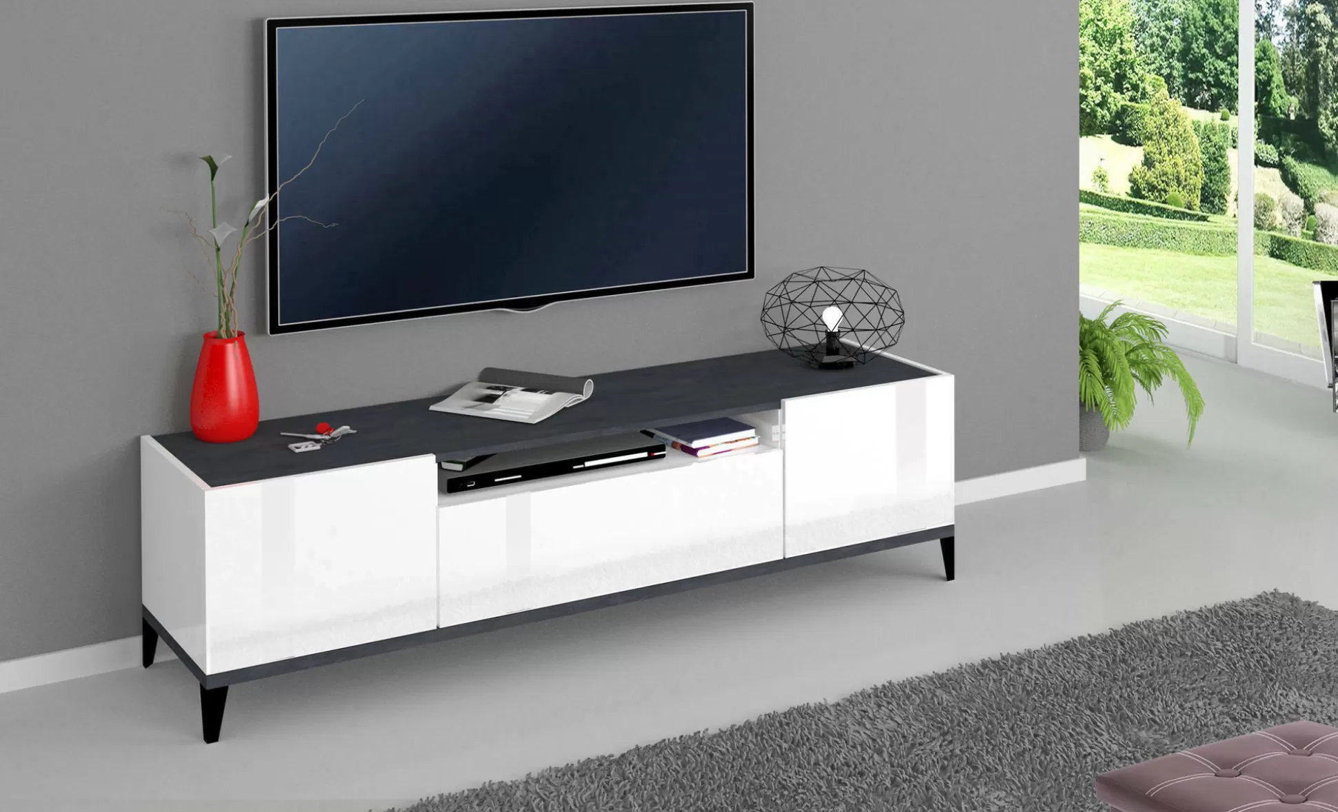 Dmora Mobili Porta Tv<Mobile porta TV Argentoro, cm 160x40h47, Bianco lucido e Ardesia