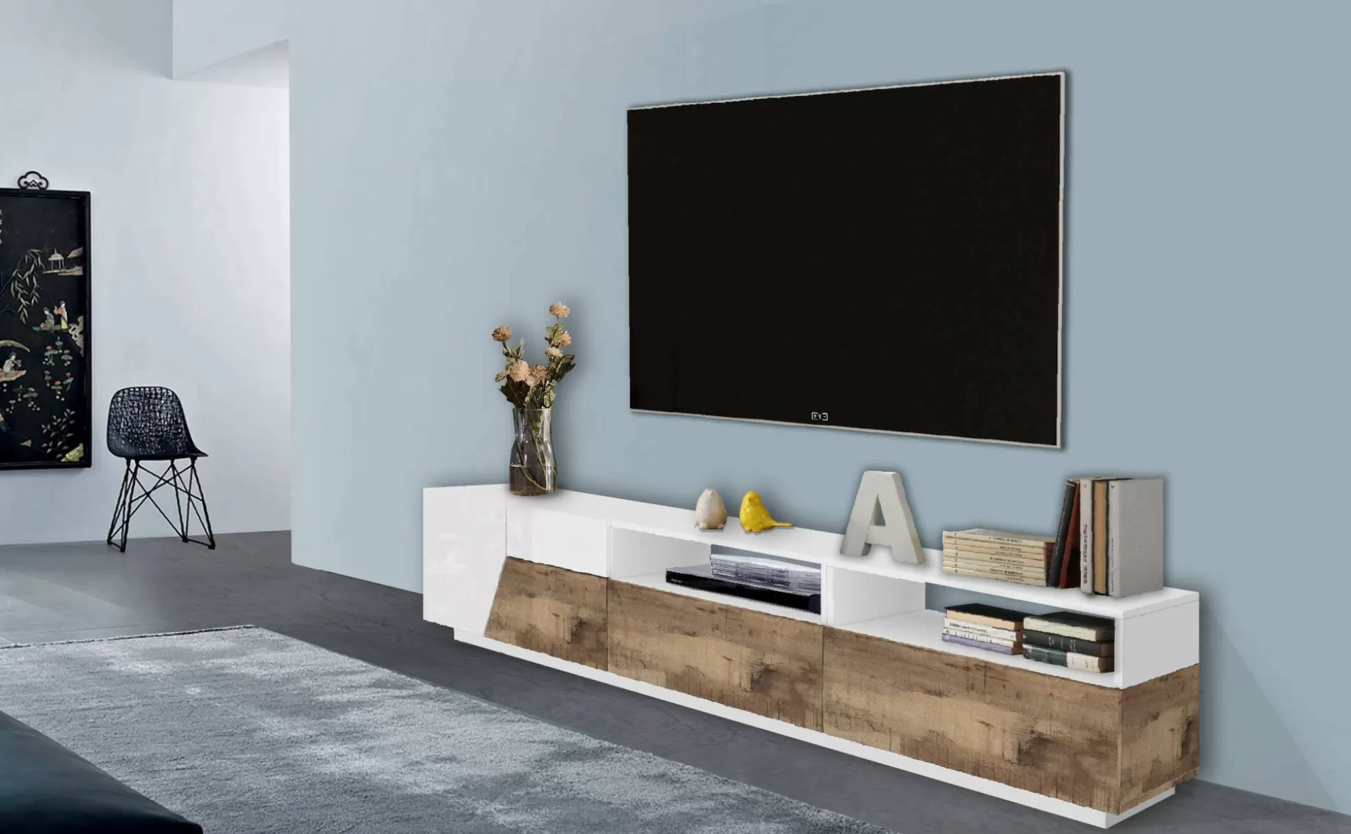 Dmora Mobili Porta Tv<Mobile porta TV Arghi, cm 200x43h46, Bianco lucido e Acero