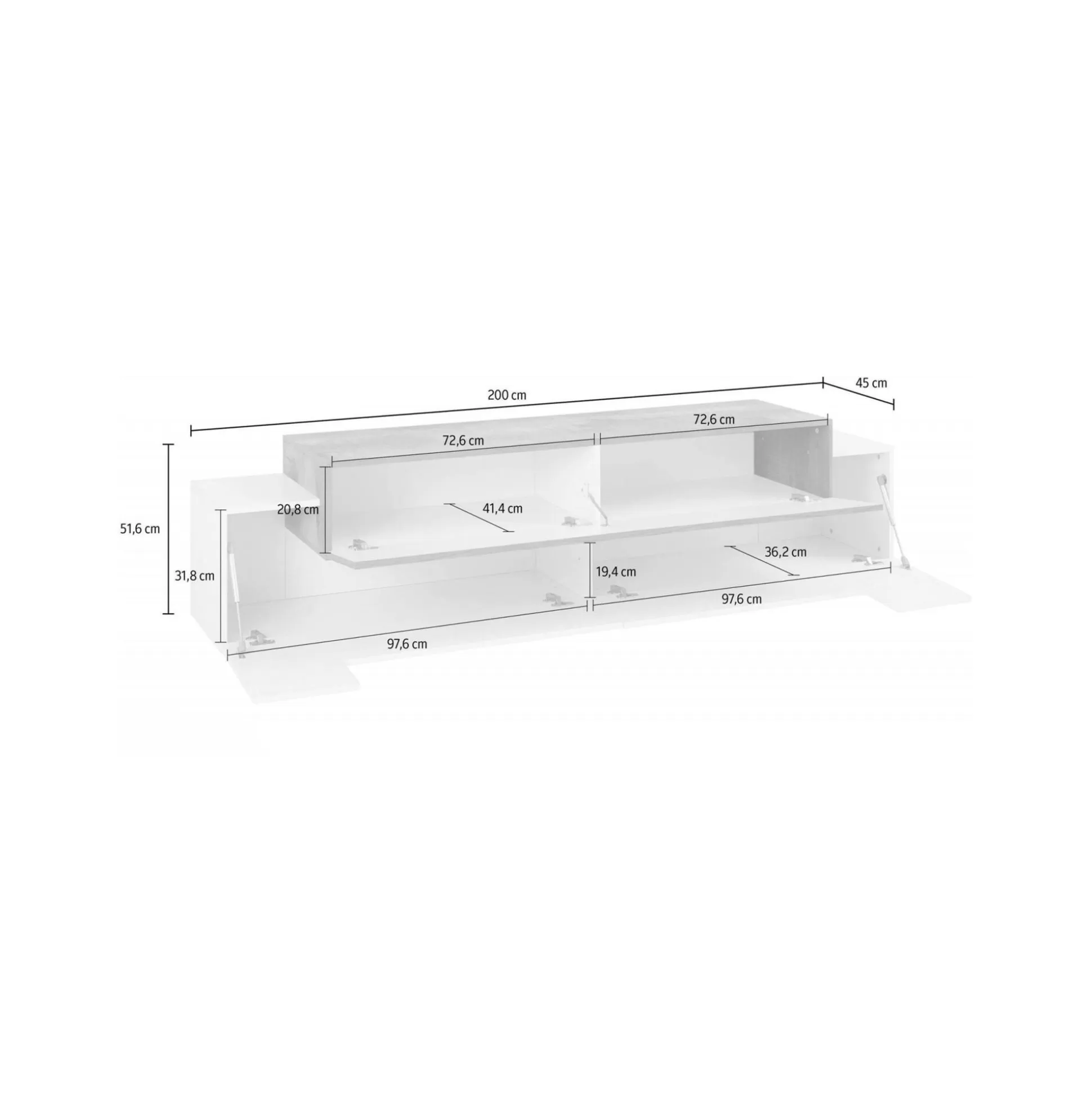 Dmora Mobili Porta Tv<Mobile porta TV Arold, cm 200x45h52, Bianco lucido e Ardesia