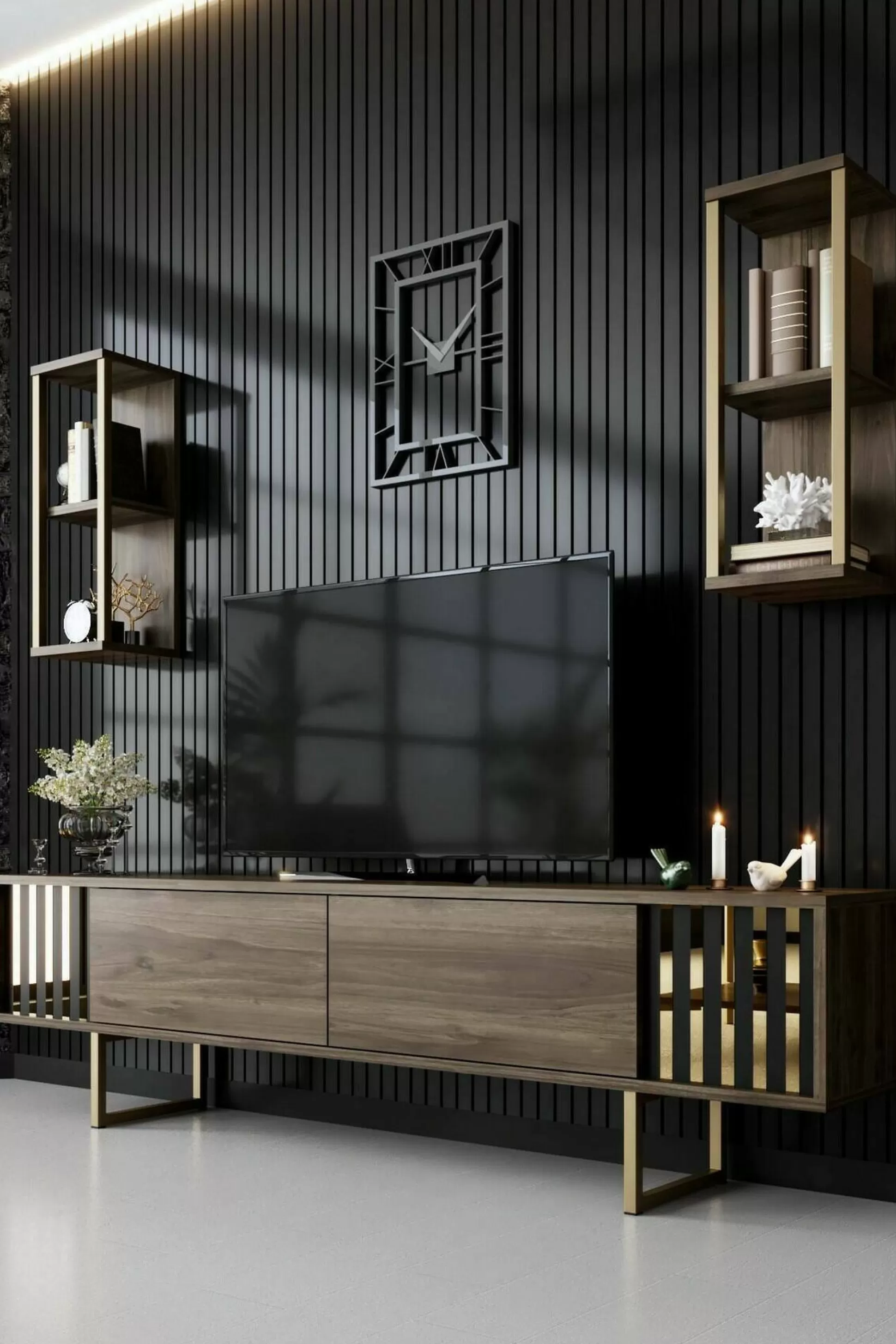 Dmora Mobili Porta Tv<Mobile porta TV Artinay, 180x30h48 cm, Noce e Nero