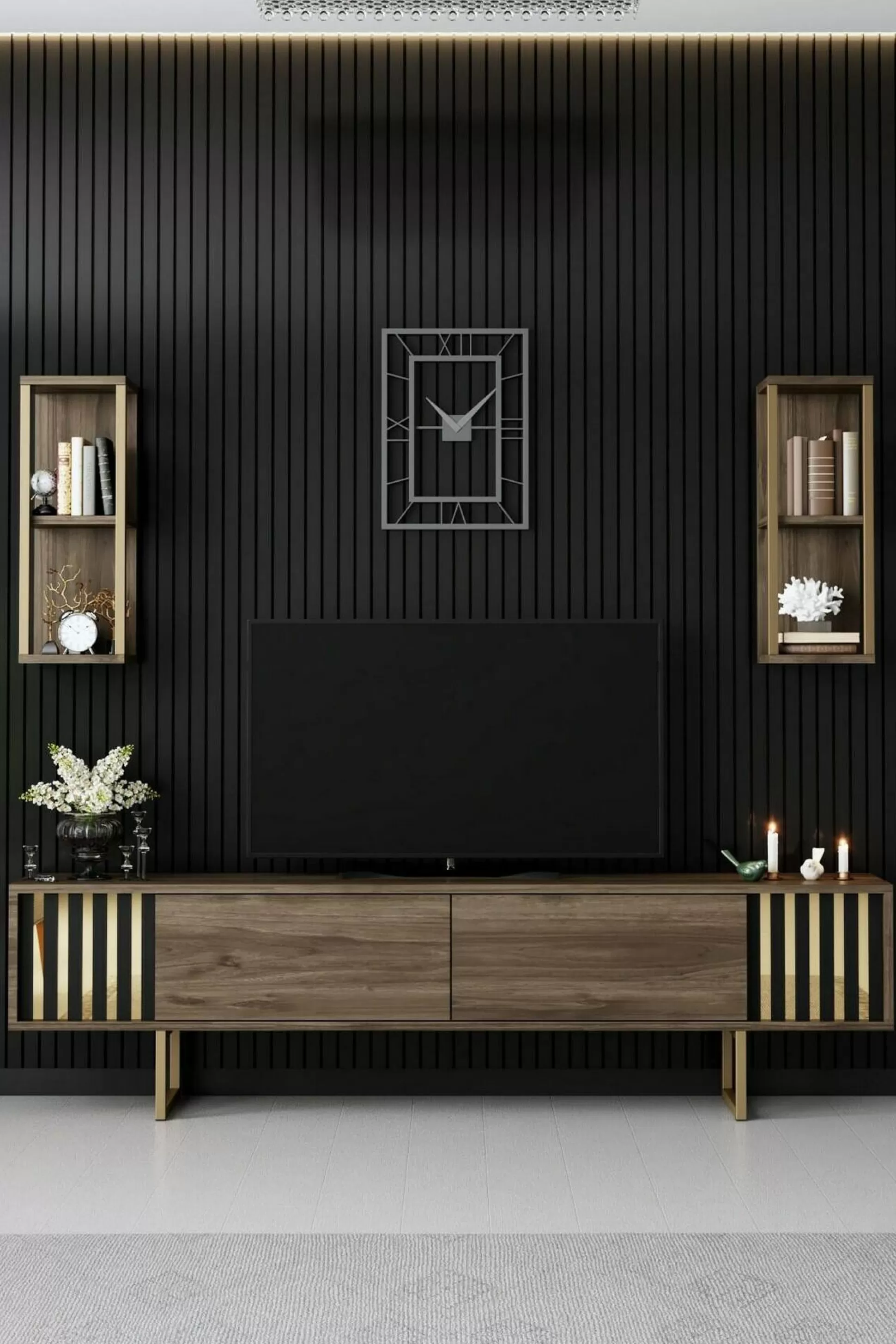Dmora Mobili Porta Tv<Mobile porta TV Artinay, 180x30h48 cm, Noce e Nero