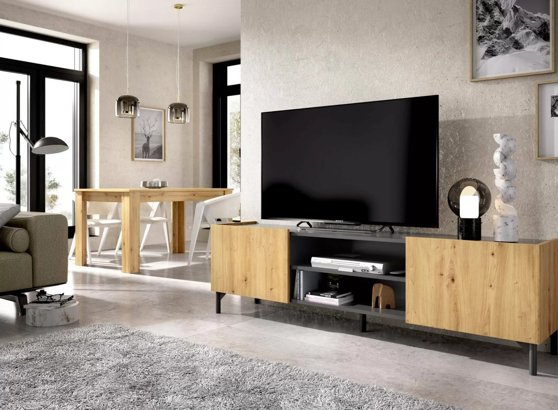 Dmora Mobili Porta Tv<Mobile porta TV Arya, 161x35h45 cm, Rovere Nodi e Antracite