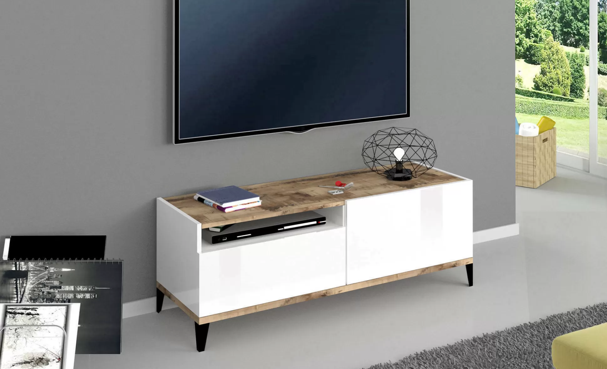 Dmora Mobili Porta Tv<Mobile porta TV Atris, cm 120x40h47, Bianco lucido e Acero
