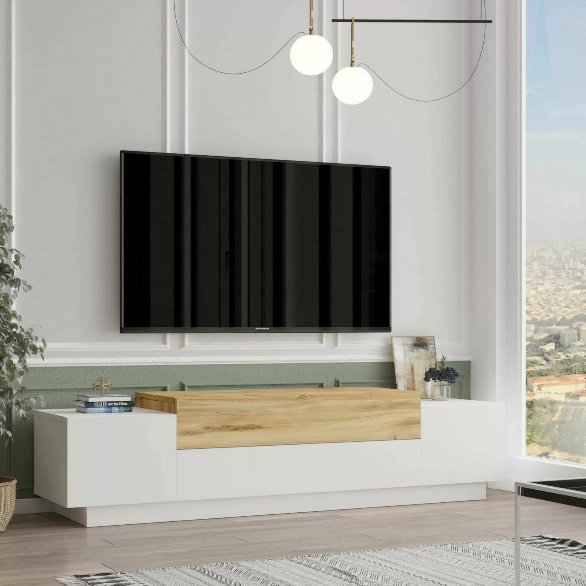 Dmora Mobili Porta Tv<Mobile porta TV Baiano, 160x37h39 cm, Quercia e Bianco