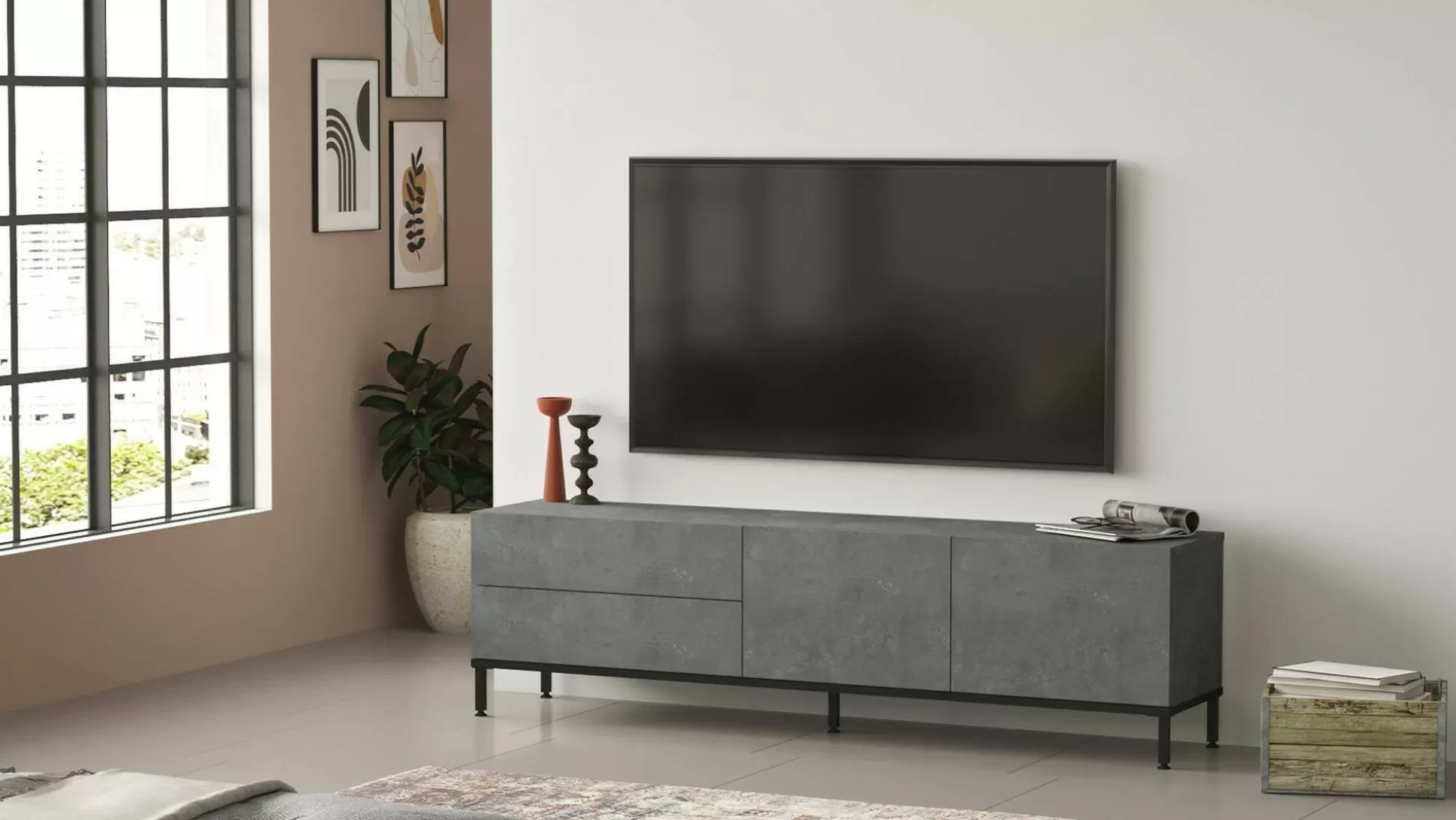 Dmora Mobili Porta Tv<Mobile porta TV Basyang, 170x36h46 cm, Argento e Nero