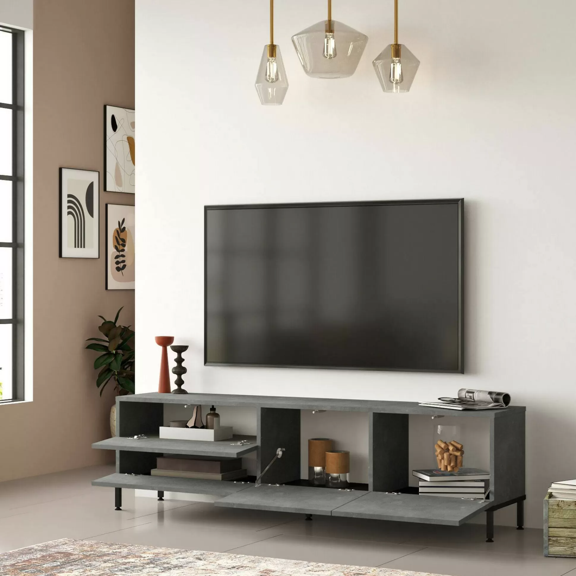 Dmora Mobili Porta Tv<Mobile porta TV Basyang, 170x36h46 cm, Argento e Nero