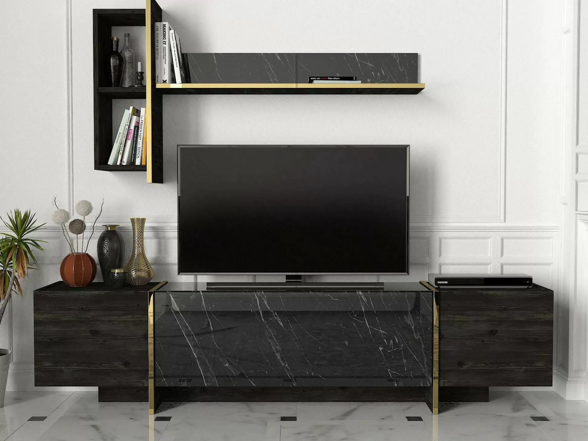 Dmora Mobili Porta Tv<Mobile porta TV Beinasco, 180x32h45 cm, Nero e Oro
