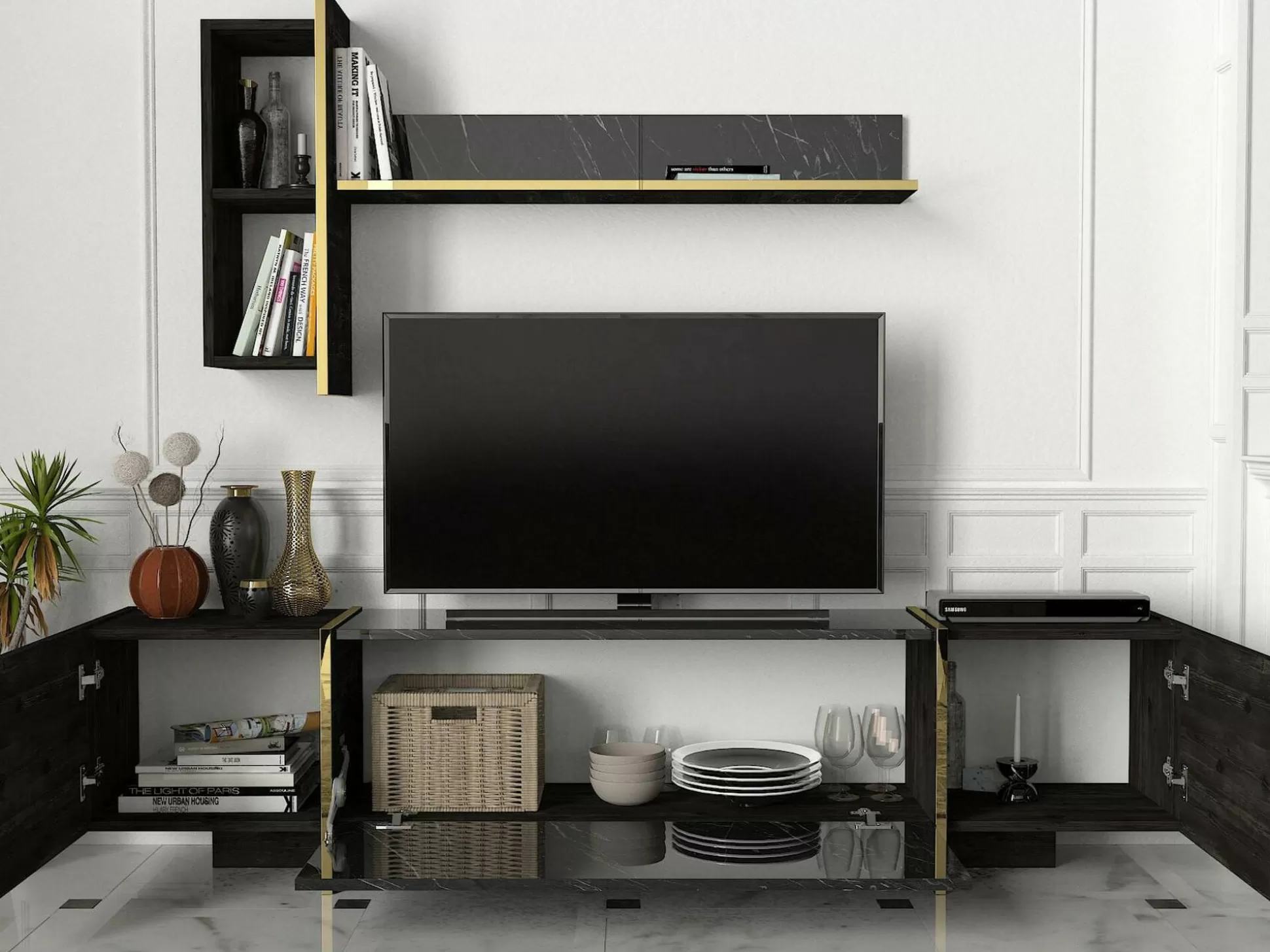 Dmora Mobili Porta Tv<Mobile porta TV Beinasco, 180x32h45 cm, Nero e Oro
