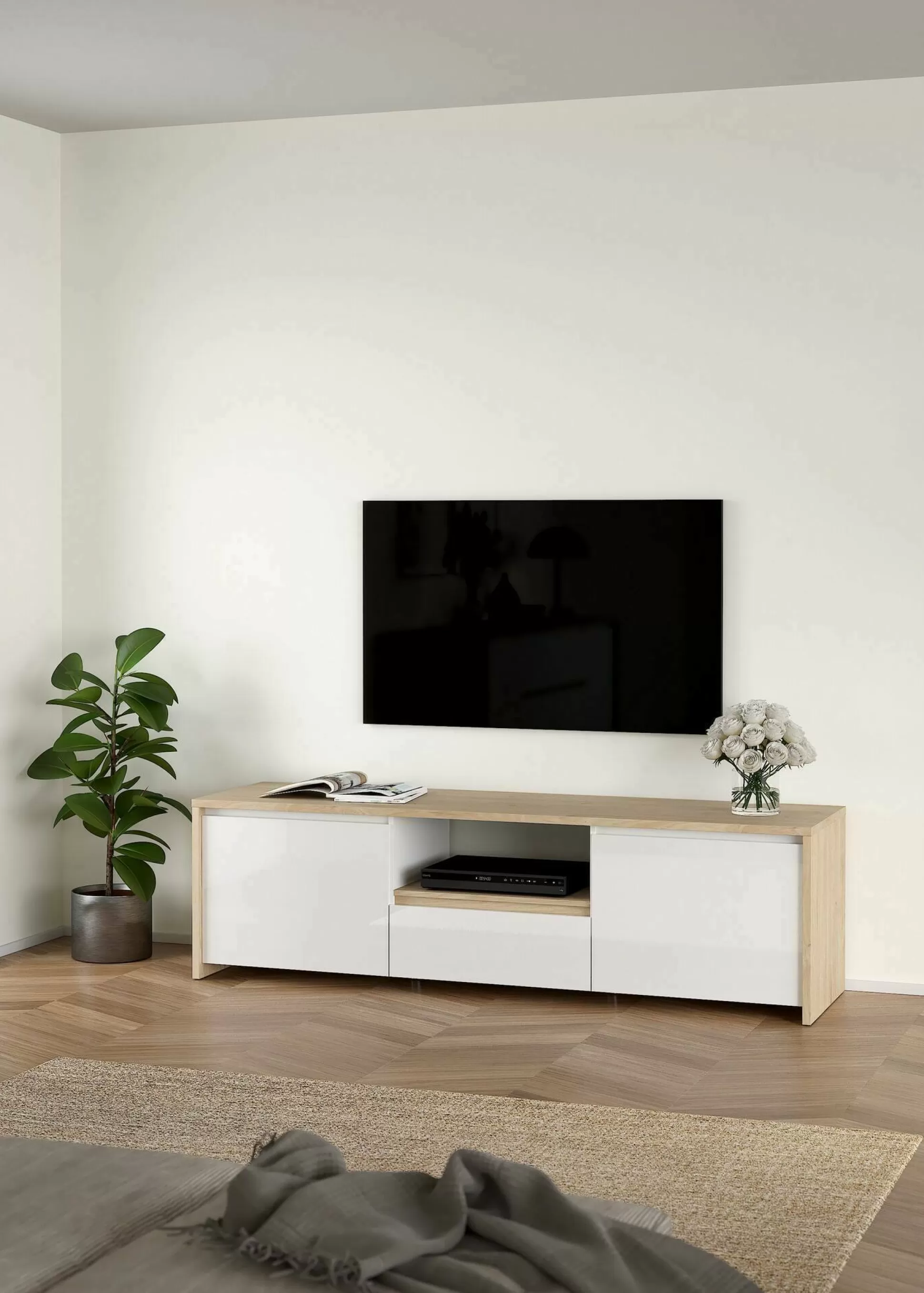 Dmora Mobili Porta Tv<Mobile porta TV Catherine, Credenza da soggiorno, Armadio basso per TV, Base parete attrezzata, 48x179 h52 cm, Rovere e Bianco