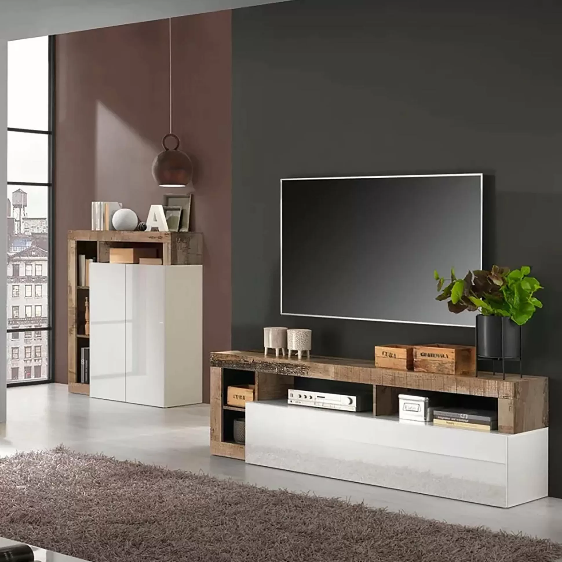 Dmora Mobili Porta Tv<Mobile porta TV Dbald, 184x42 h58 cm, Bianco lucido e Acacia