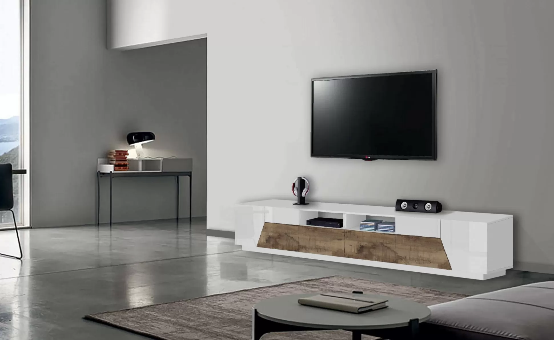 Dmora Mobili Porta Tv<Mobile porta TV Dfagiol, cm 260x43h46, Bianco lucido e Acero