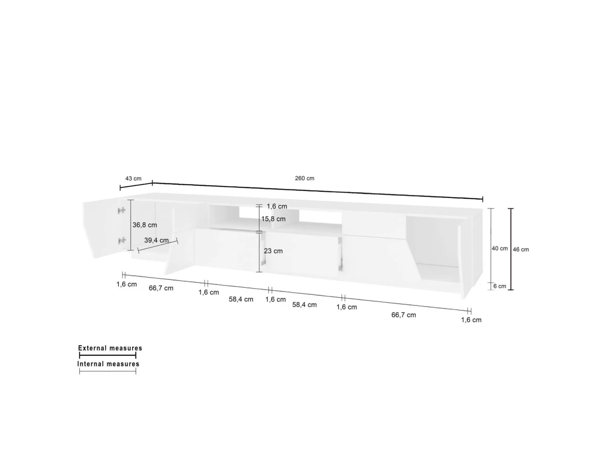 Dmora Mobili Porta Tv<Mobile porta TV Dfagiol, cm 260x43h46, Bianco lucido e Acero
