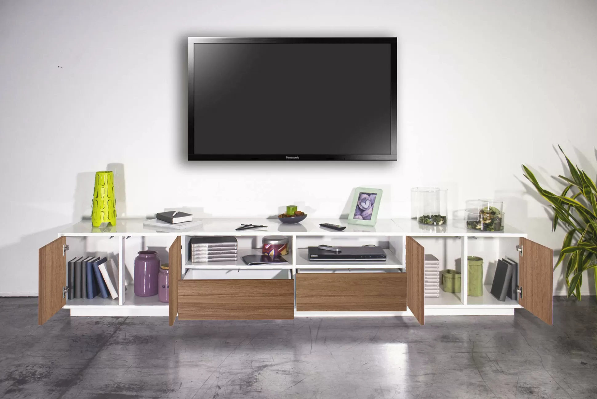 Dmora Mobili Porta Tv<Mobile porta TV Dleott, cm 260x41h46, Bianco lucido e Noce