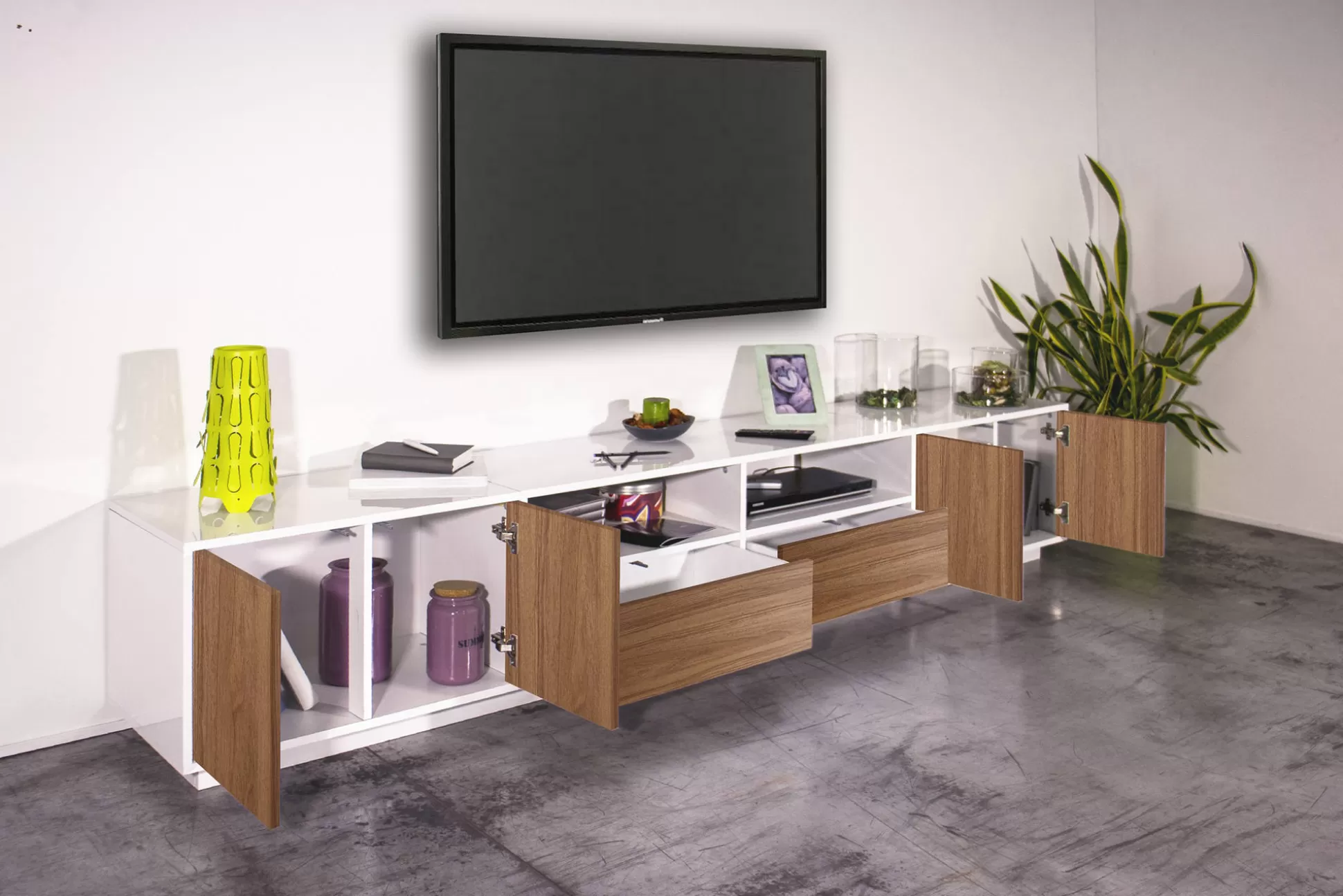 Dmora Mobili Porta Tv<Mobile porta TV Dleott, cm 260x41h46, Bianco lucido e Noce