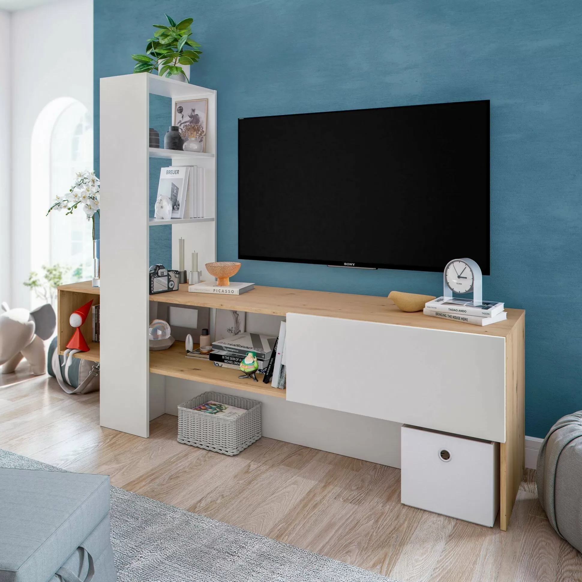 Dmora Mobili Porta Tv<Mobile porta TV Dmurell, 178x43h136 cm, Rovere Nodi e Bianco lucido
