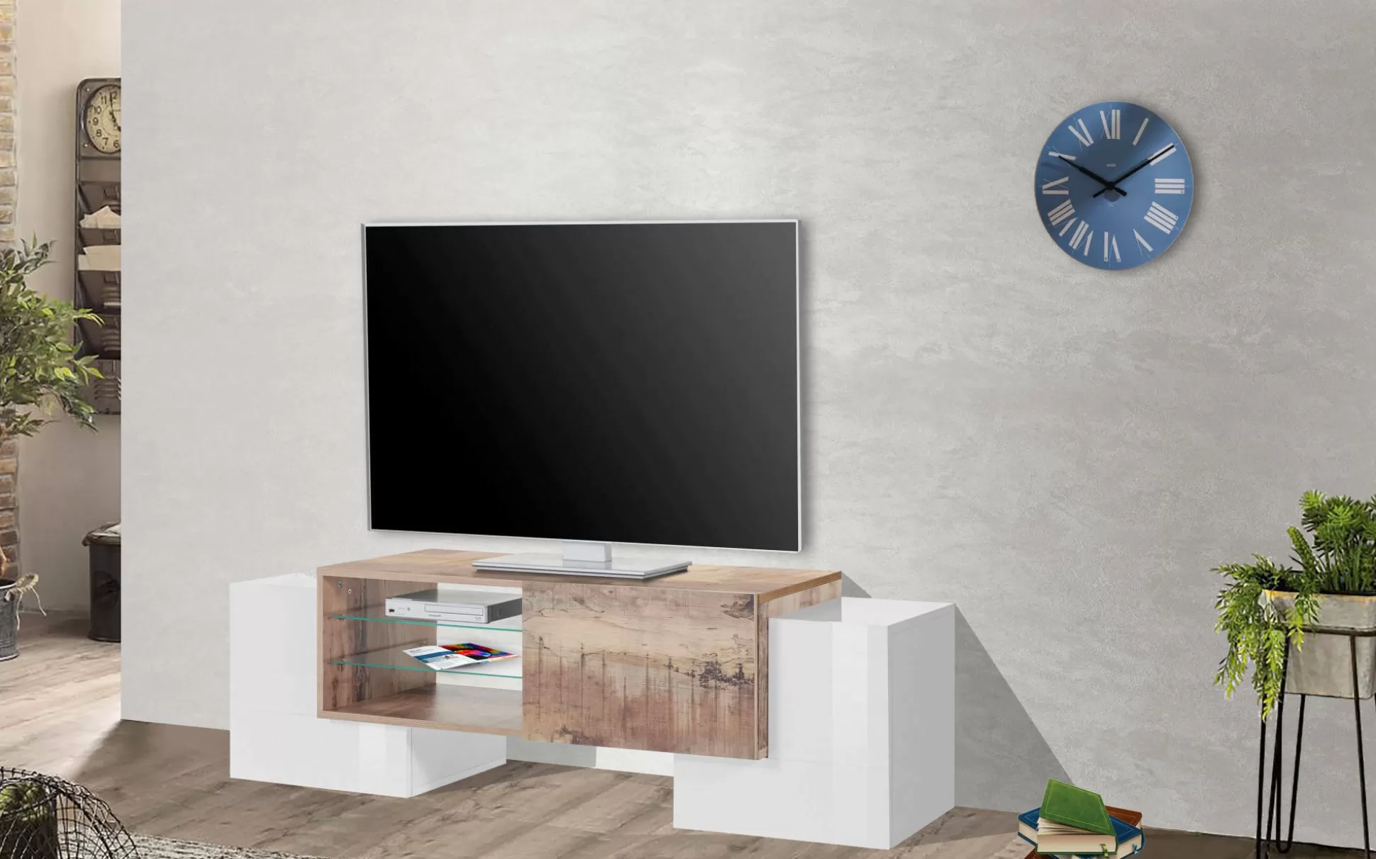 Dmora Mobili Porta Tv<Mobile porta TV Dpalumb, cm 150x45h45, Bianco lucido e Acero