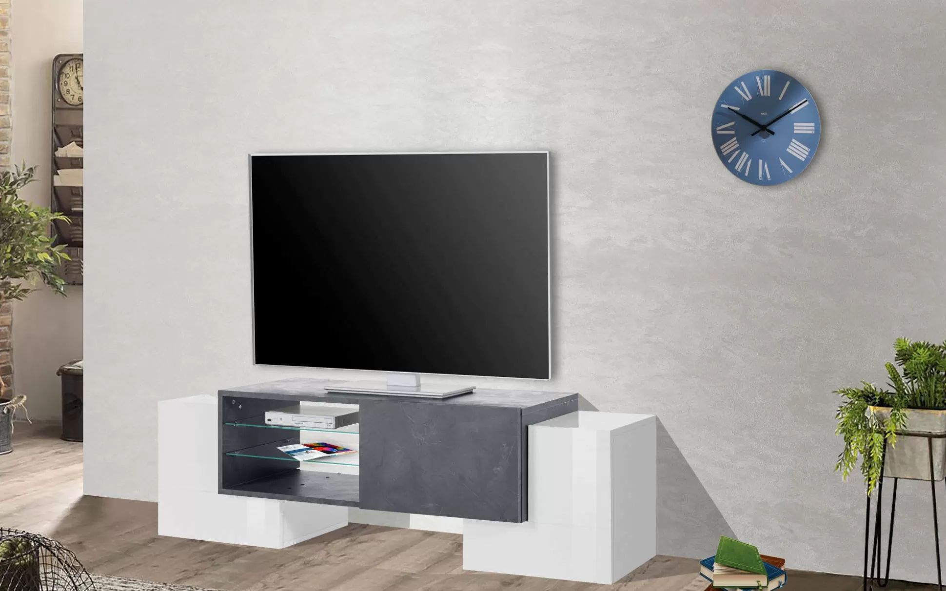 Dmora Mobili Porta Tv<Mobile porta TV Dpalumb, cm 150x45h45, Bianco lucido e Ardesia