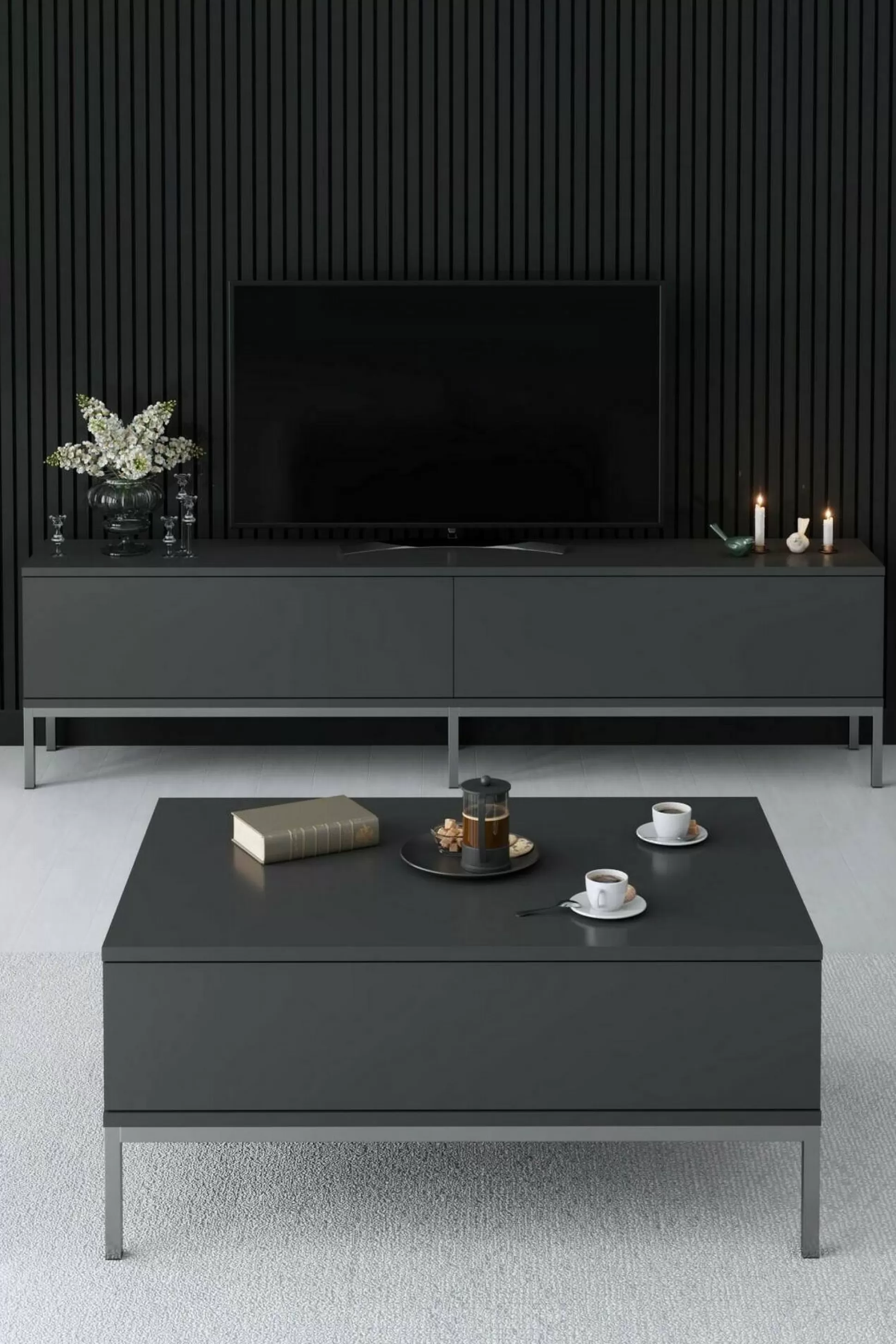 Dmora Mobili Porta Tv<Mobile porta TV Espero, 180x30h47 cm, Antracite e Argento