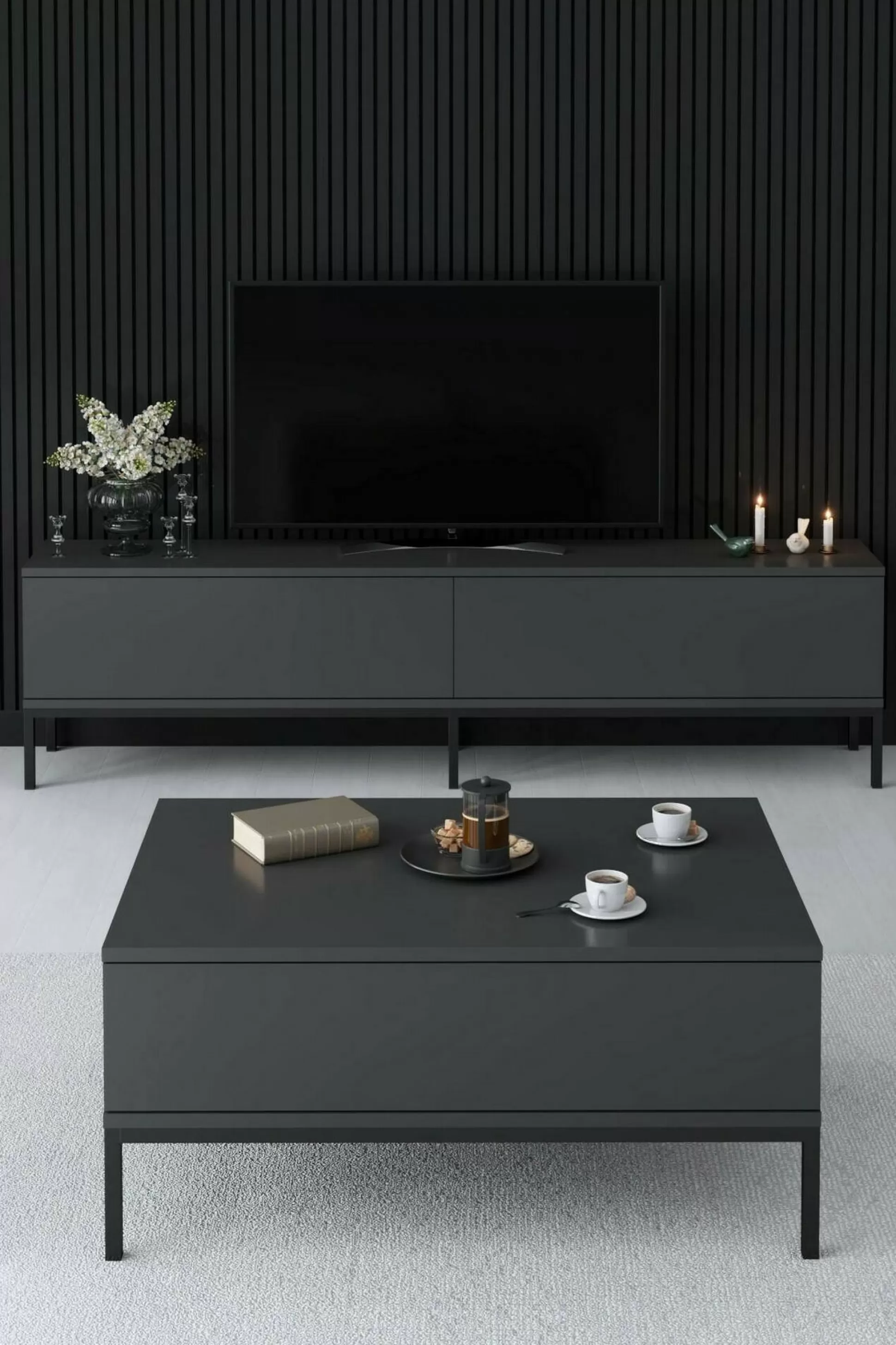 Dmora Mobili Porta Tv<Mobile porta TV Espero, 180x30h47 cm, Antracite e Nero