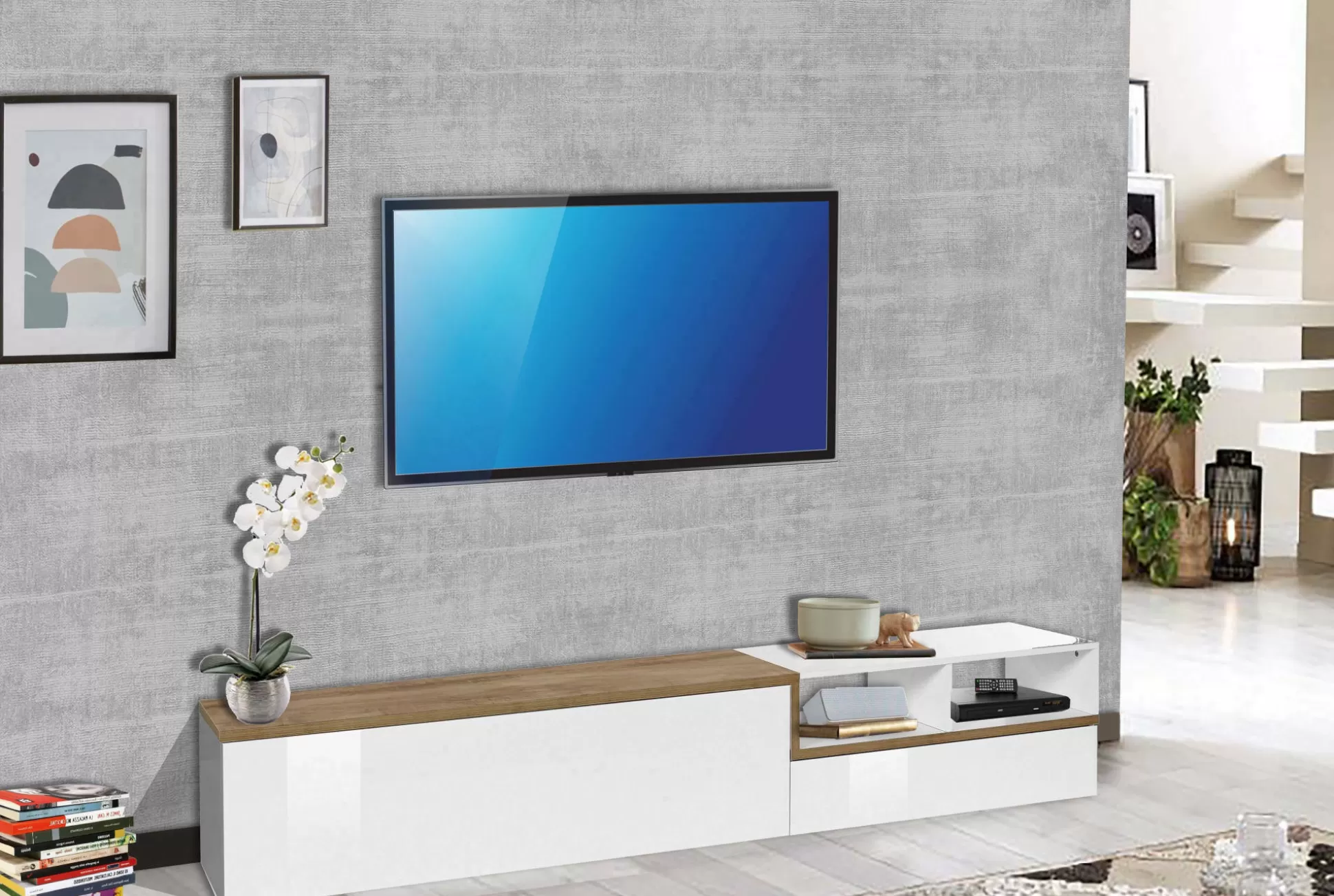 Dmora Mobili Porta Tv<Mobile porta TV Fetta, cm 240x40h50, Bianco lucido e Acero