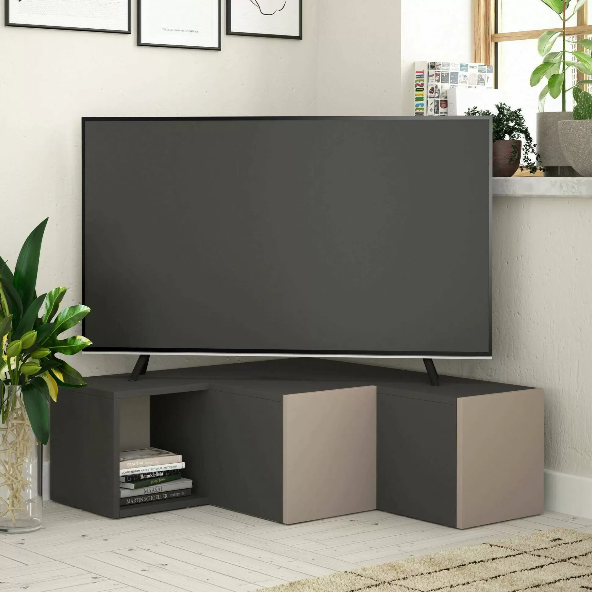 Dmora Mobili Porta Tv<Mobile porta TV Fiorenza, 90x92h32 cm, Antracite e Beige