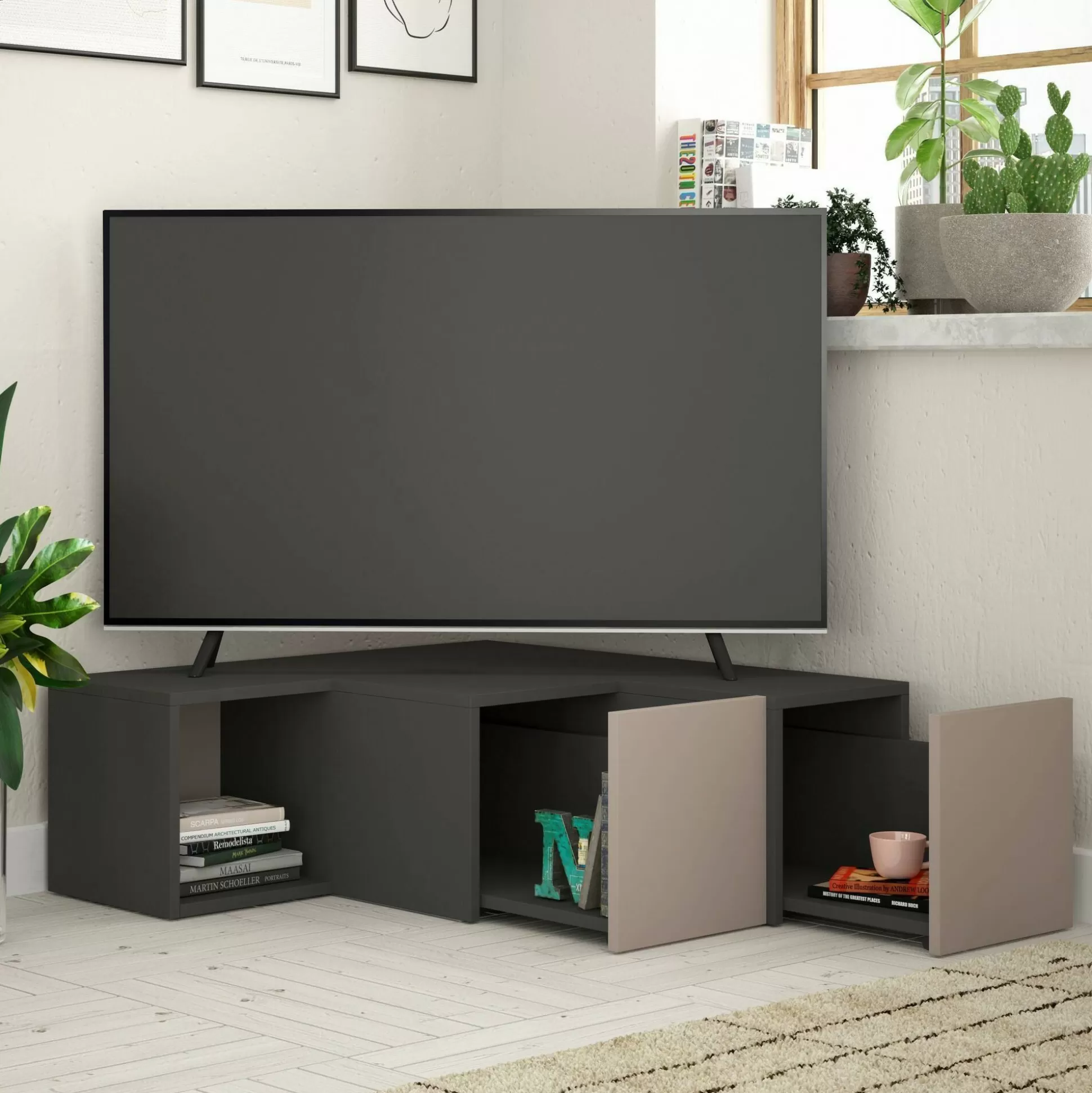 Dmora Mobili Porta Tv<Mobile porta TV Fiorenza, 90x92h32 cm, Antracite e Beige