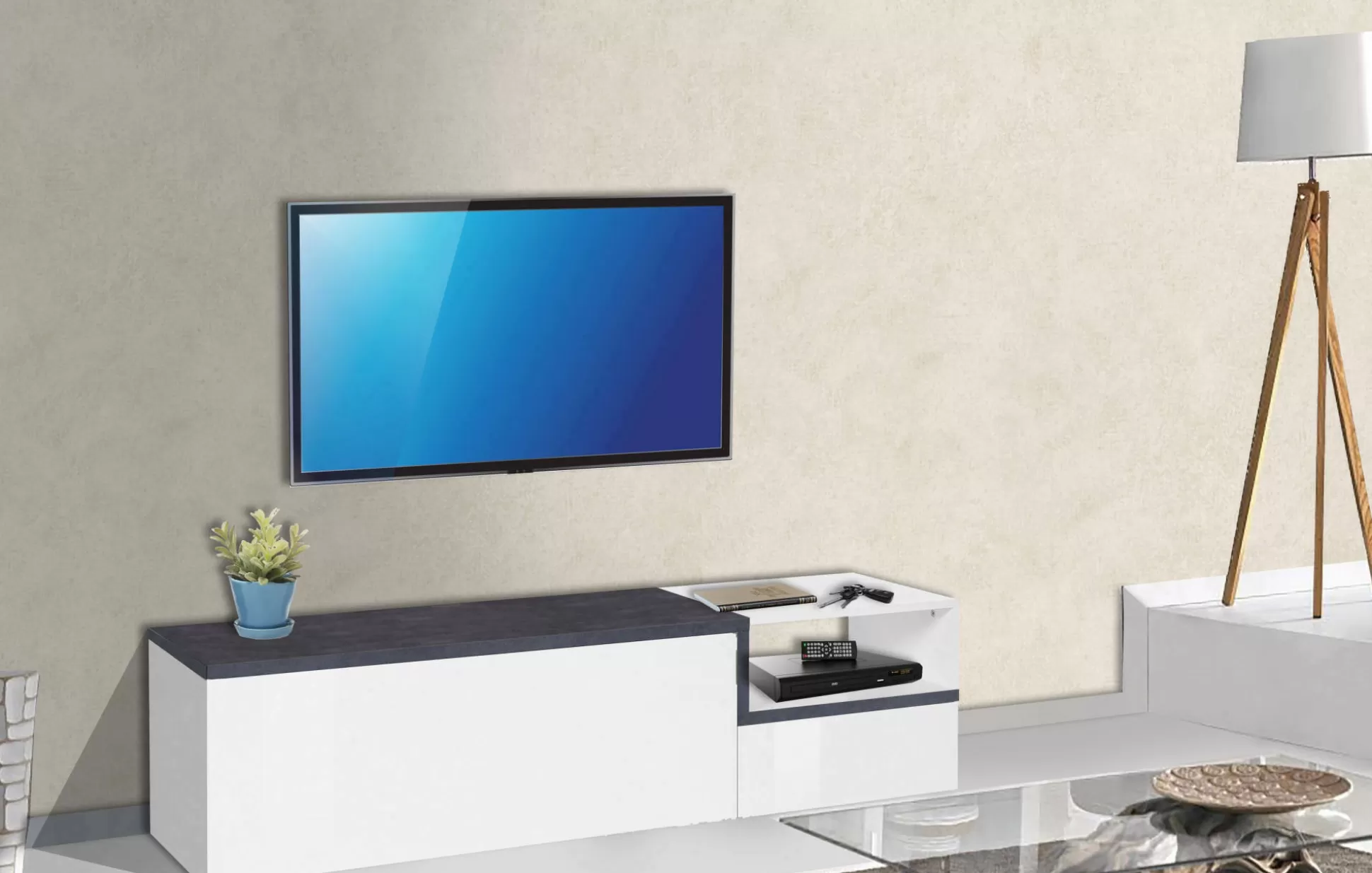 Dmora Mobili Porta Tv<Mobile porta TV Fluorite, cm 160x40h46, Bianco lucido e Ardesia
