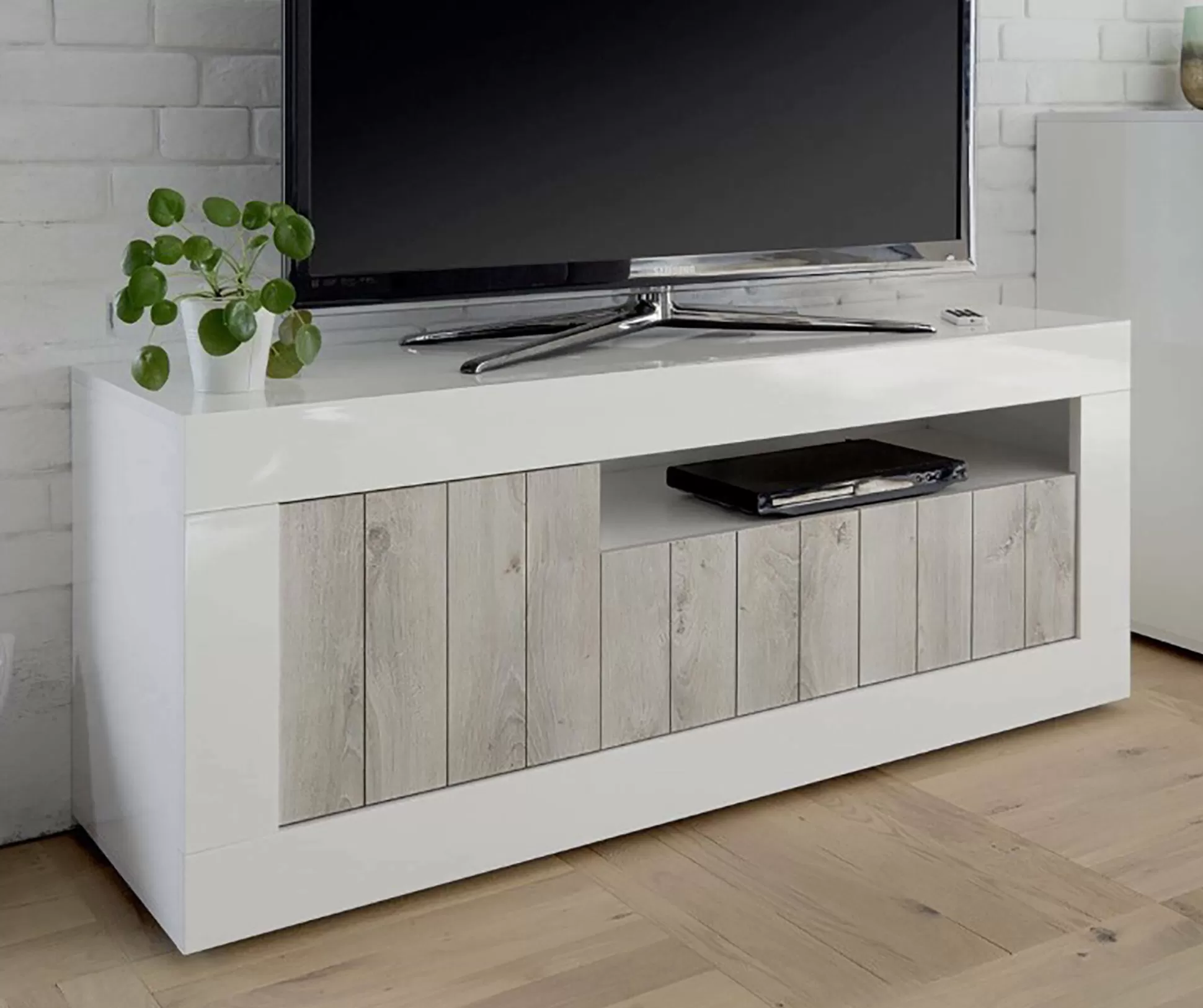 Dmora Mobili Porta Tv<Mobile porta TV Iole, 138x42 h56 cm, Bianco lucido e Acacia