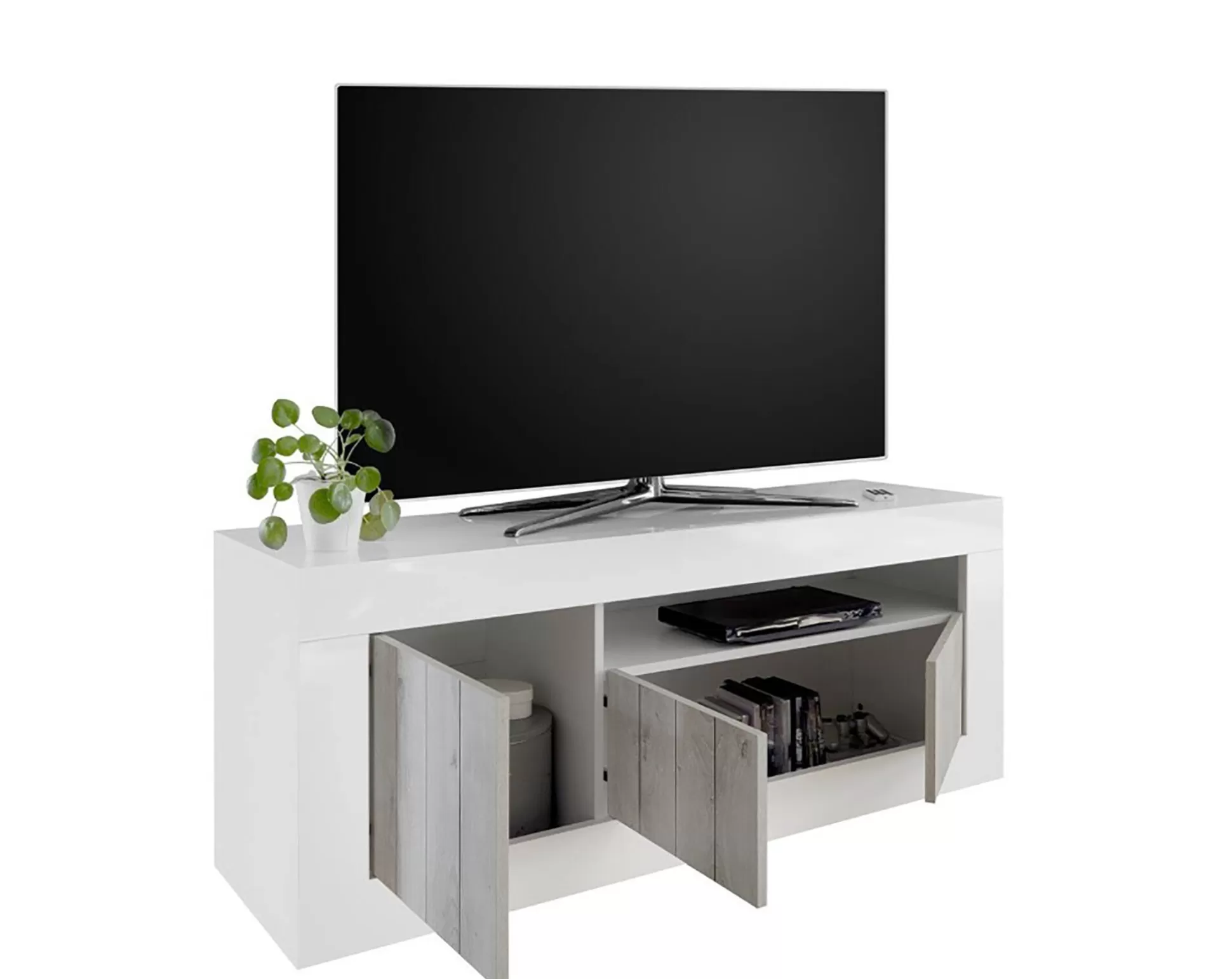 Dmora Mobili Porta Tv<Mobile porta TV Iole, 138x42 h56 cm, Bianco lucido e Acacia