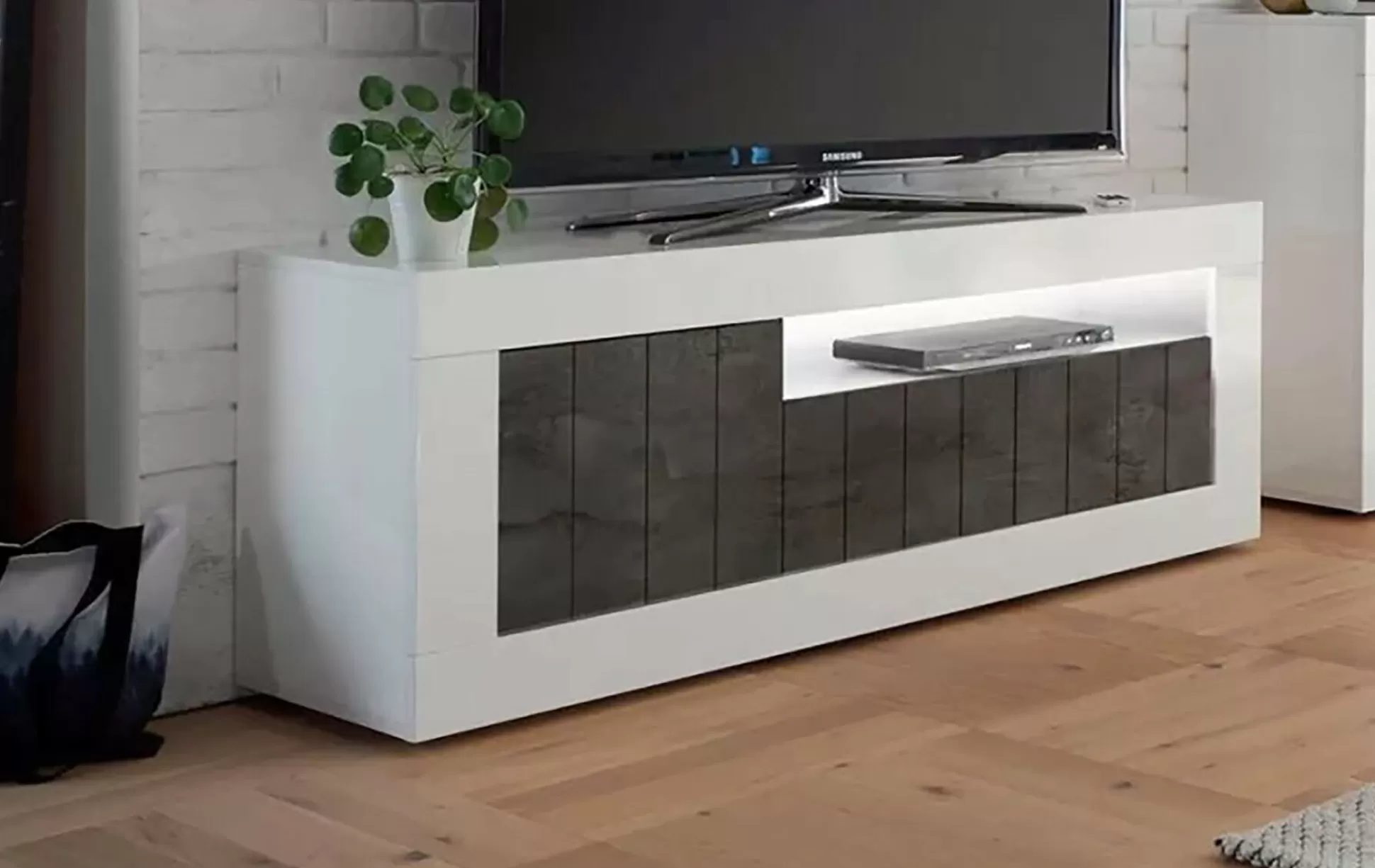 Dmora Mobili Porta Tv<Mobile porta TV Iole, 138x42 h56 cm, Bianco lucido e Ardesia