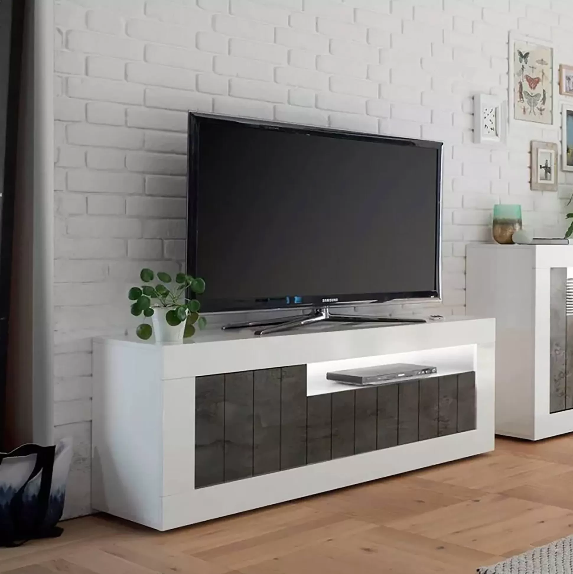 Dmora Mobili Porta Tv<Mobile porta TV Iole, 138x42 h56 cm, Bianco lucido e Ardesia