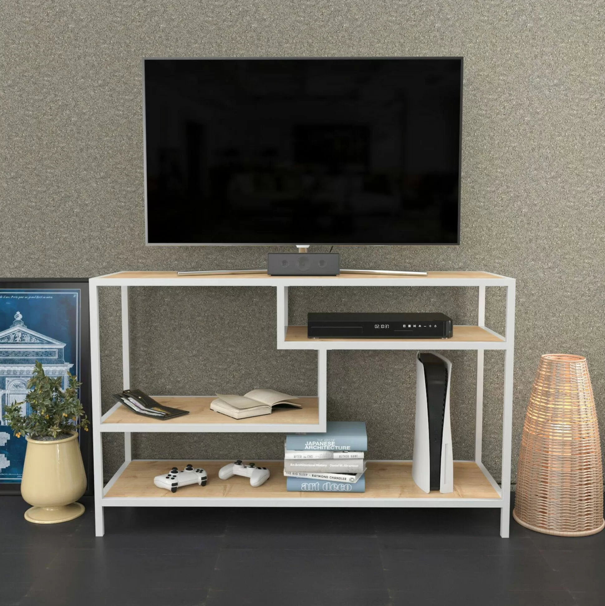 Dmora Mobili Porta Tv<Mobile porta TV Ivette, 120x39h75 cm, Bianco e Rovere