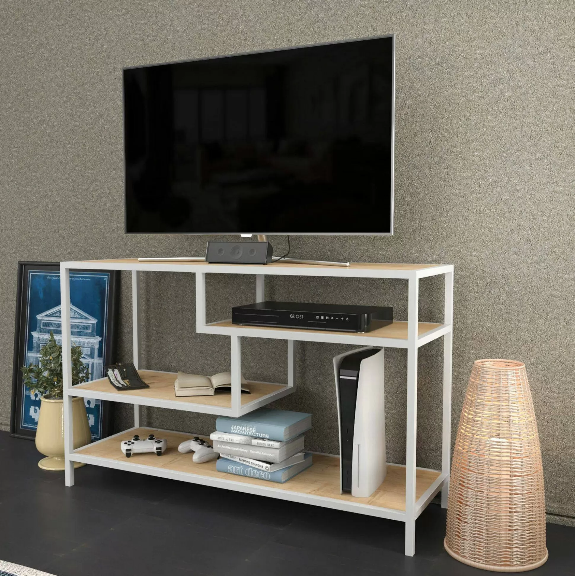 Dmora Mobili Porta Tv<Mobile porta TV Ivette, 120x39h75 cm, Bianco e Rovere