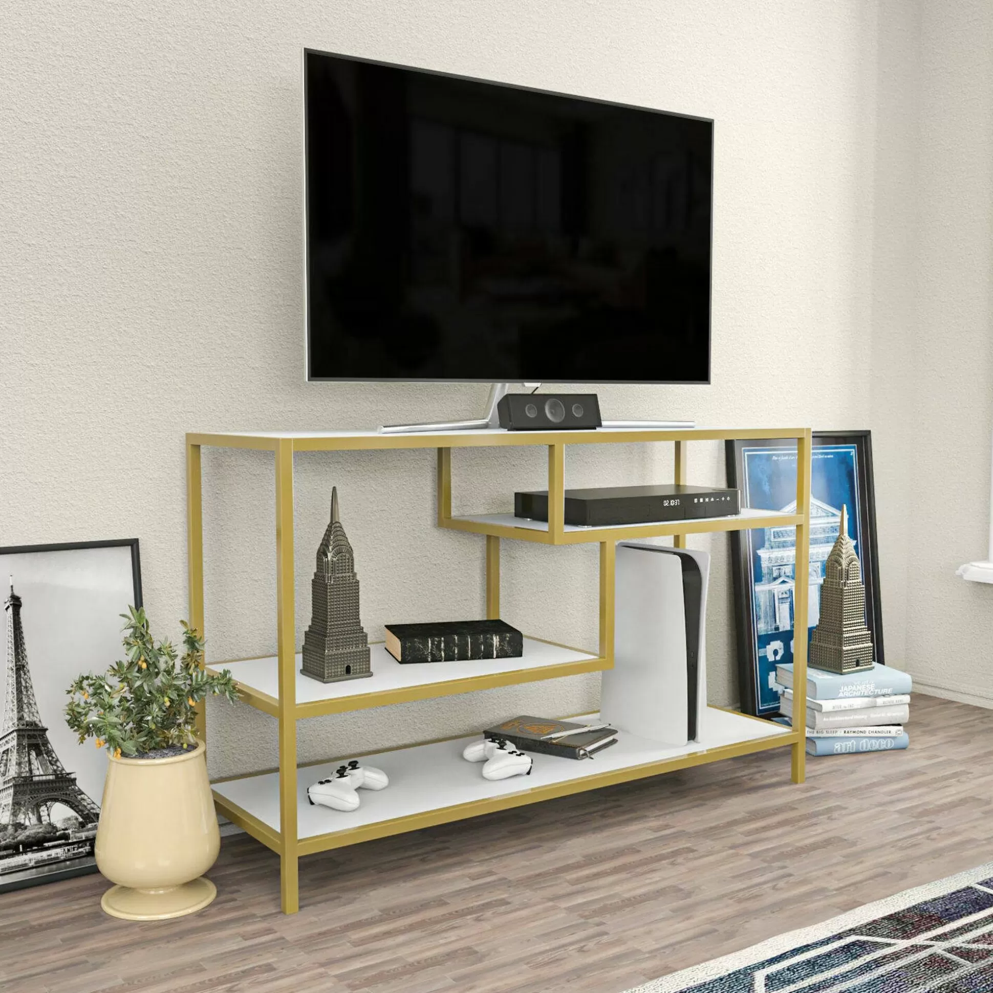 Dmora Mobili Porta Tv<Mobile porta TV Ivette, 120x39h75 cm, Oro e Bianco