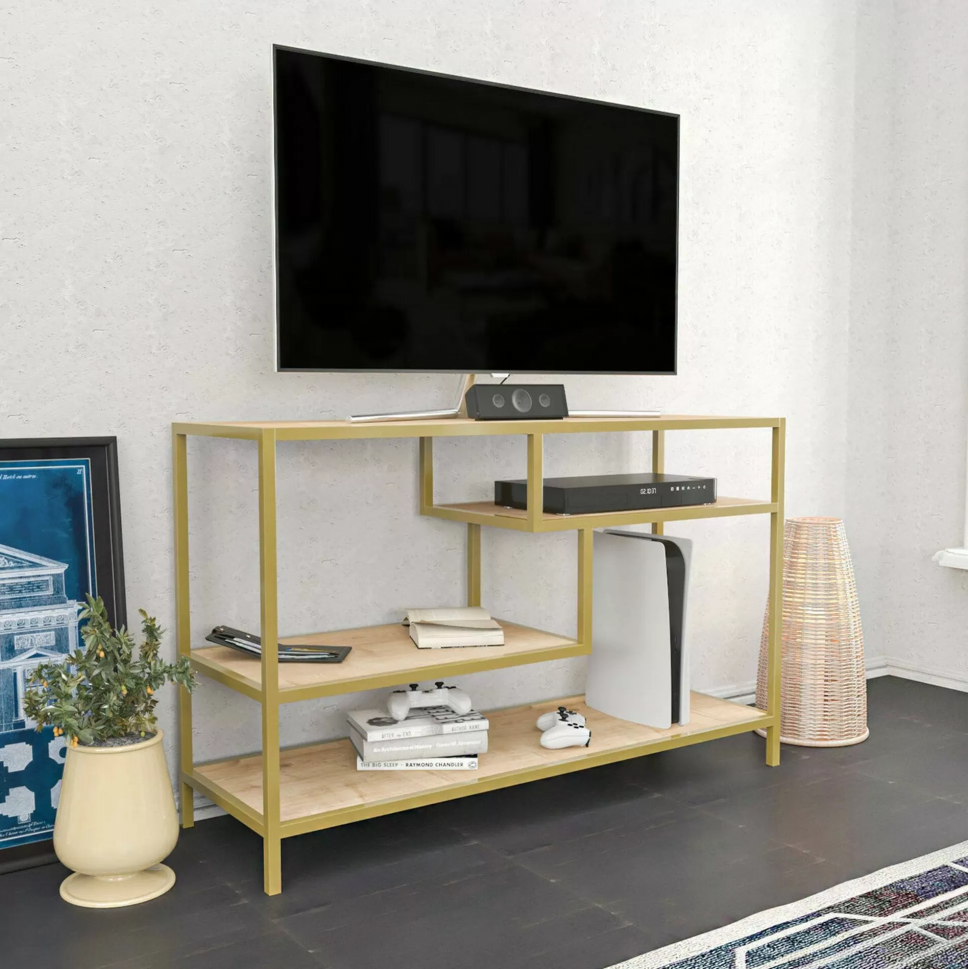 Dmora Mobili Porta Tv<Mobile porta TV Ivette, 120x39h75 cm, Oro e Quercia