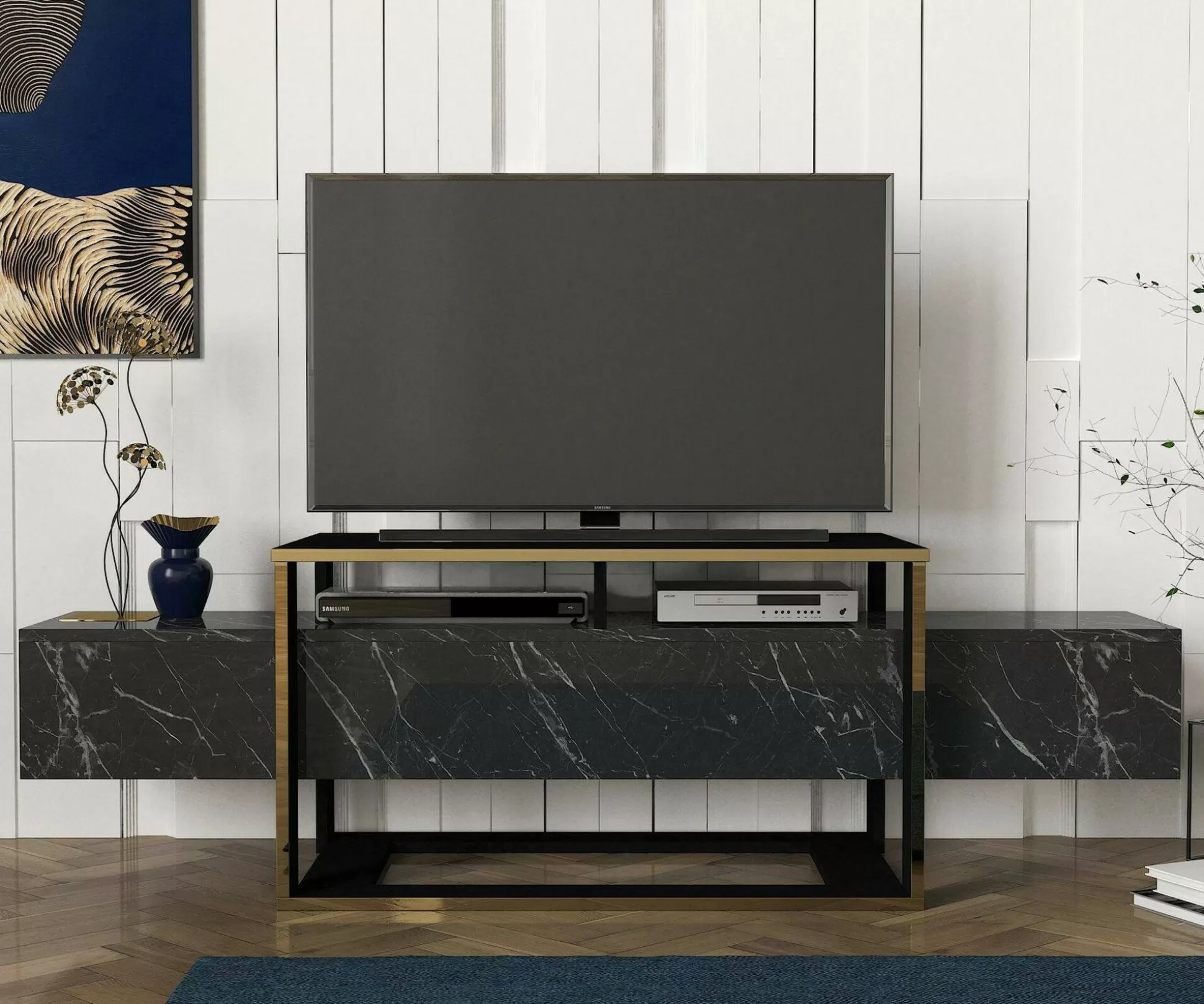 Dmora Mobili Porta Tv<Mobile porta TV Jo, 160x46h50 cm, Nero e Oro