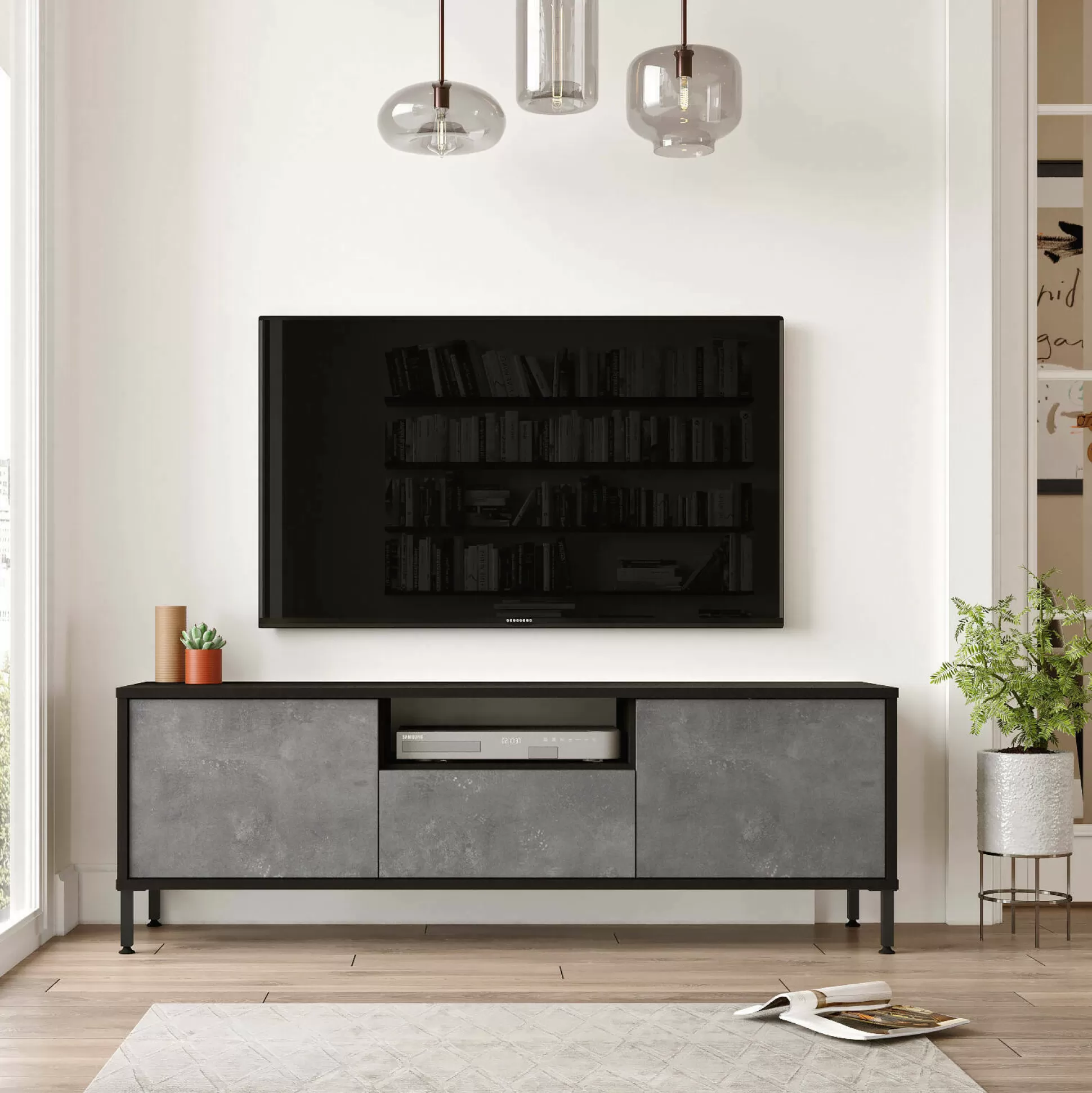 Dmora Mobili Porta Tv<Mobile porta TV Khagan, 140x36 h46 cm, Argento e Nero
