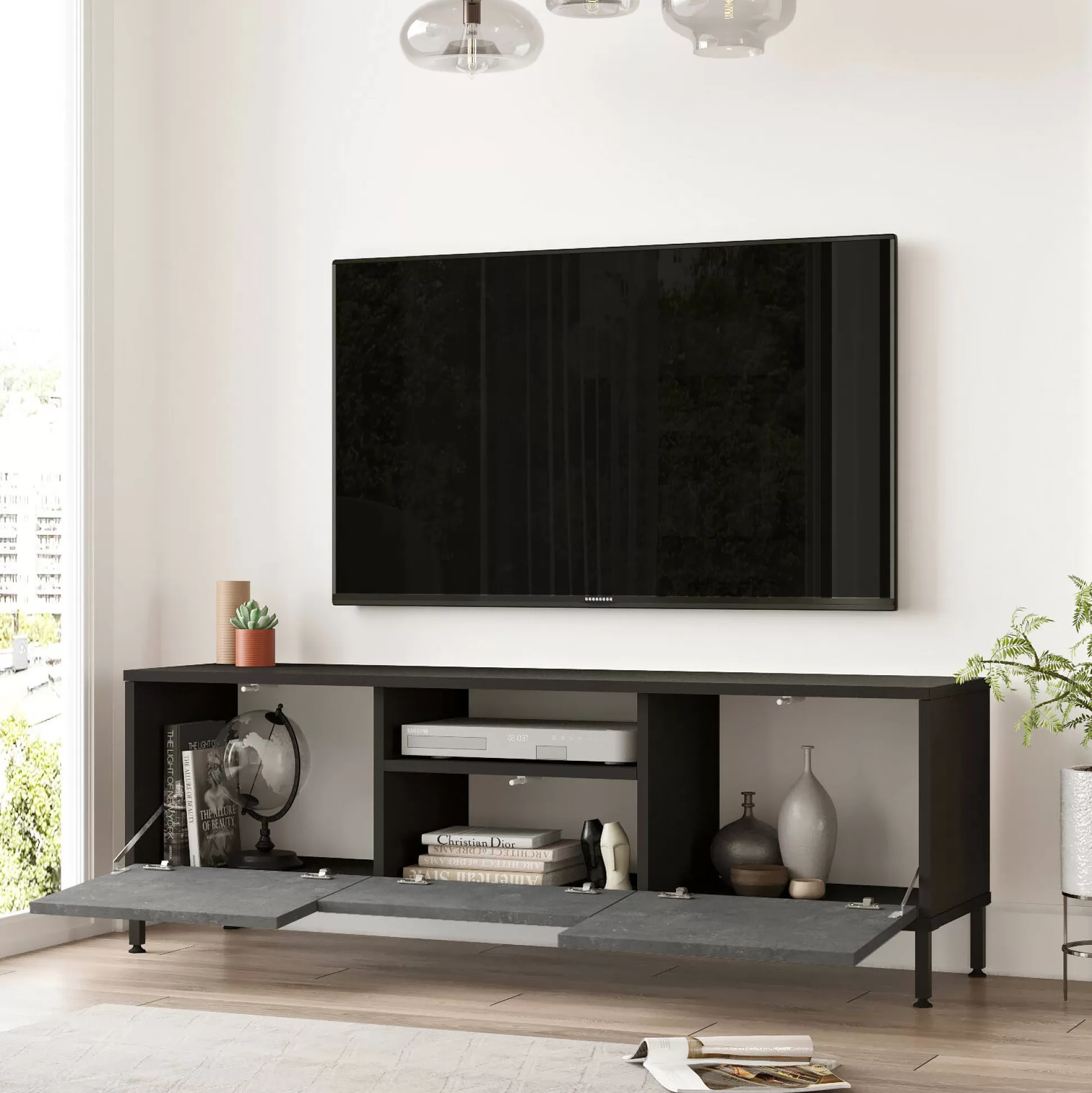 Dmora Mobili Porta Tv<Mobile porta TV Khagan, 140x36 h46 cm, Argento e Nero