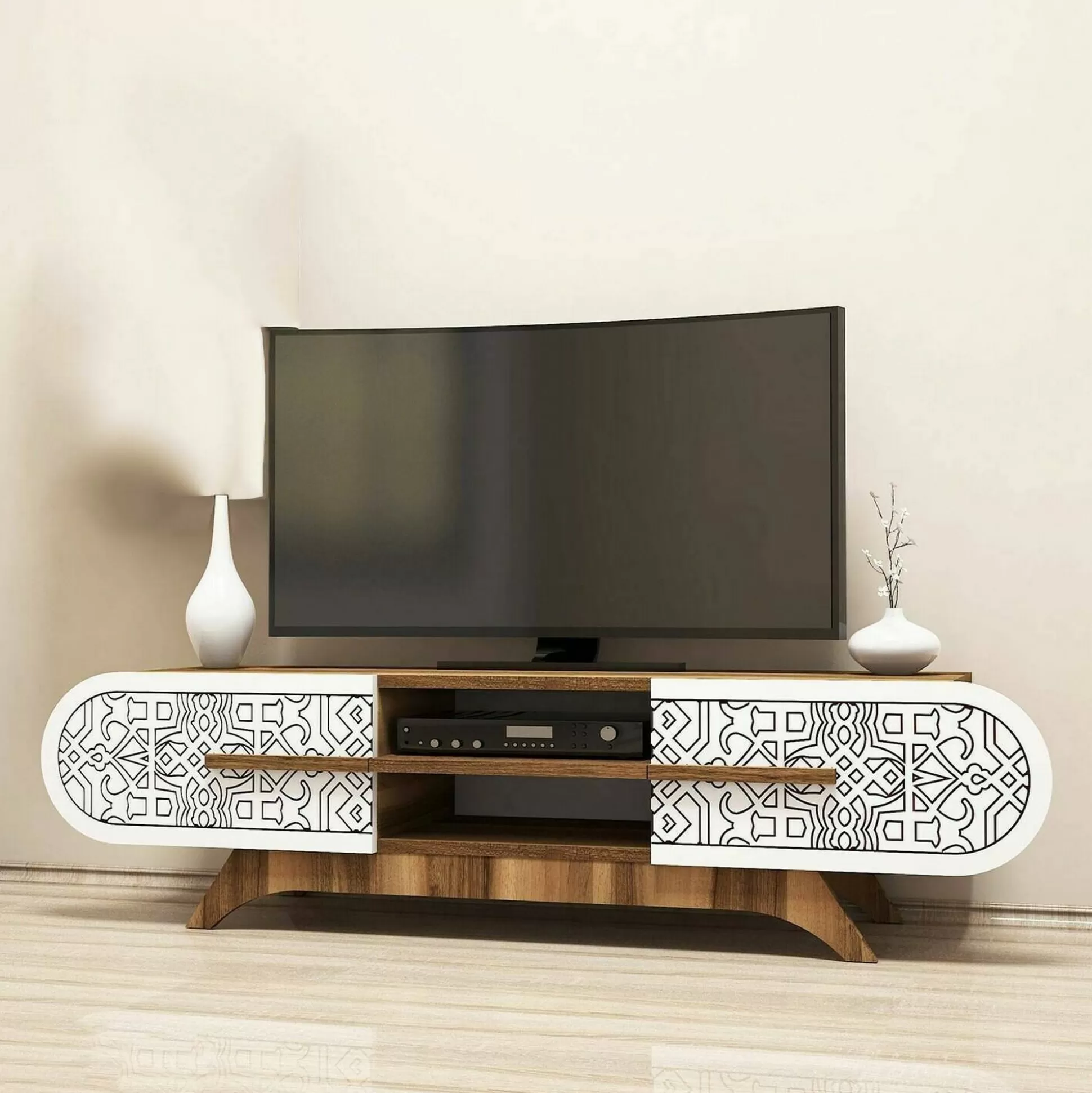 Dmora Mobili Porta Tv<Mobile porta TV Matsu, 145x37h37 cm, Noce e Bianco